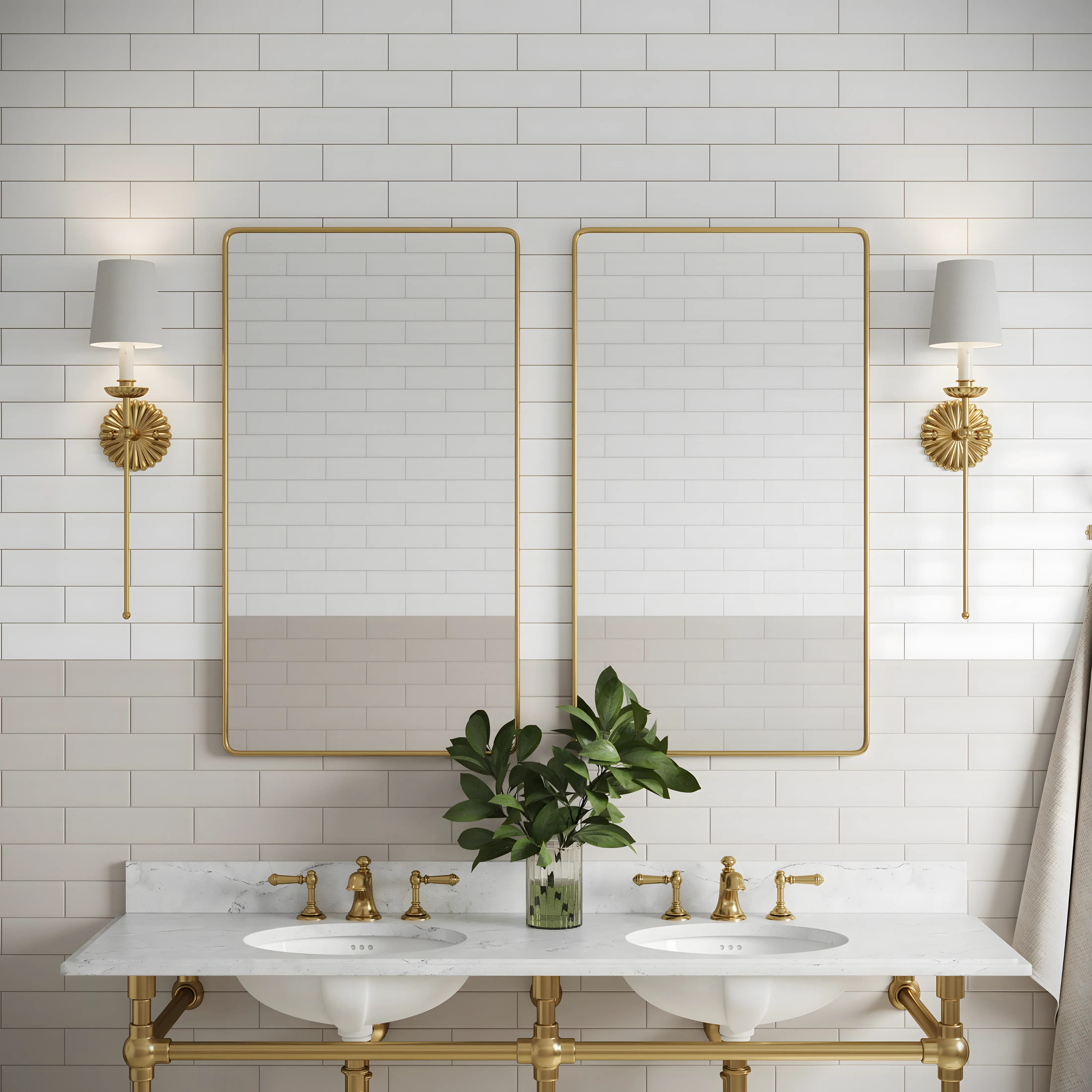 Premium Bathroom Design with Grey and White Subway Tile and Marble Quartz with Gold Assents Provident Botanico Whitefield | Material Depot