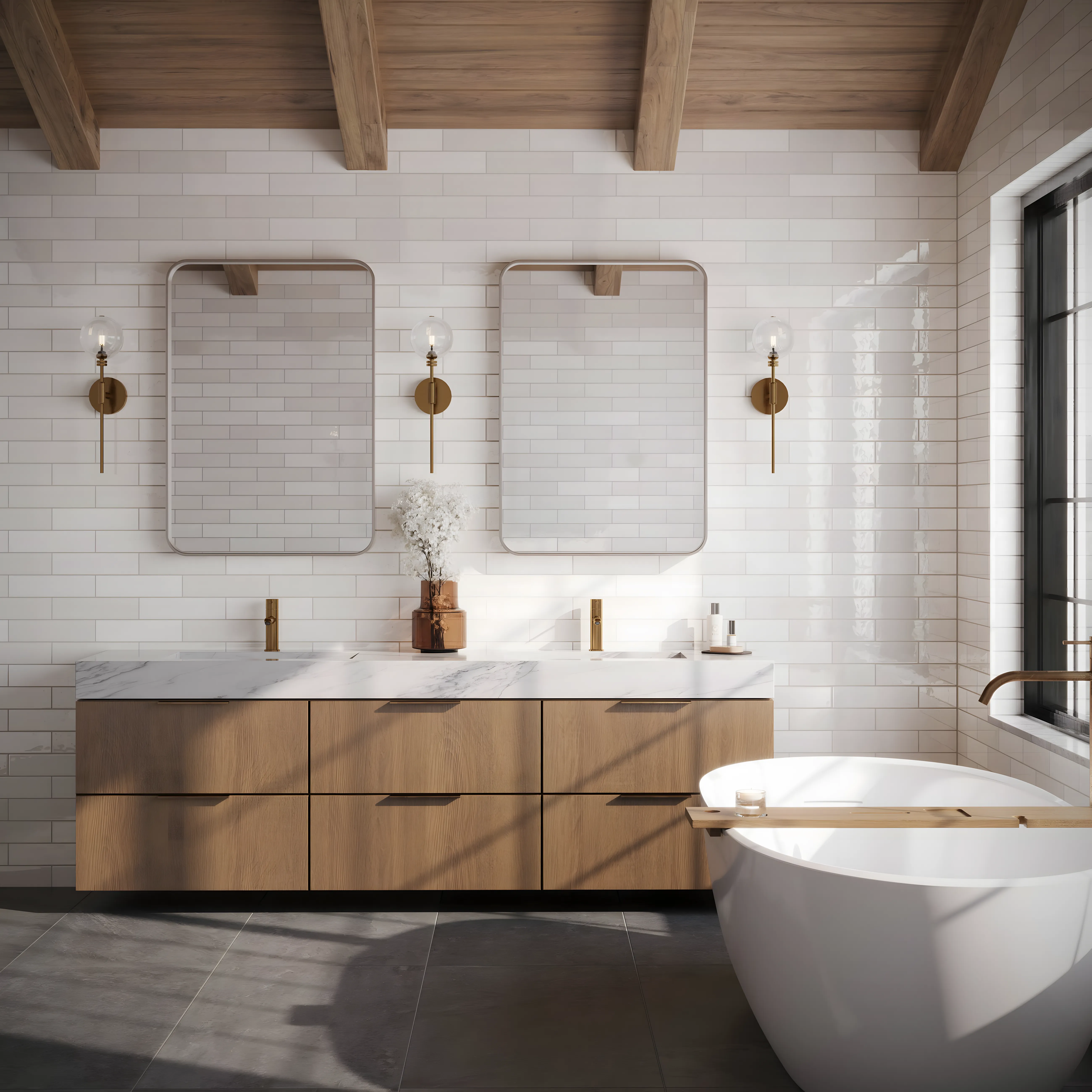 Pretty Bathroom Design with Adeline Midnight Porcelain Tile and Wood Vanity Prestige Elm Park Whitefield | Material Depot