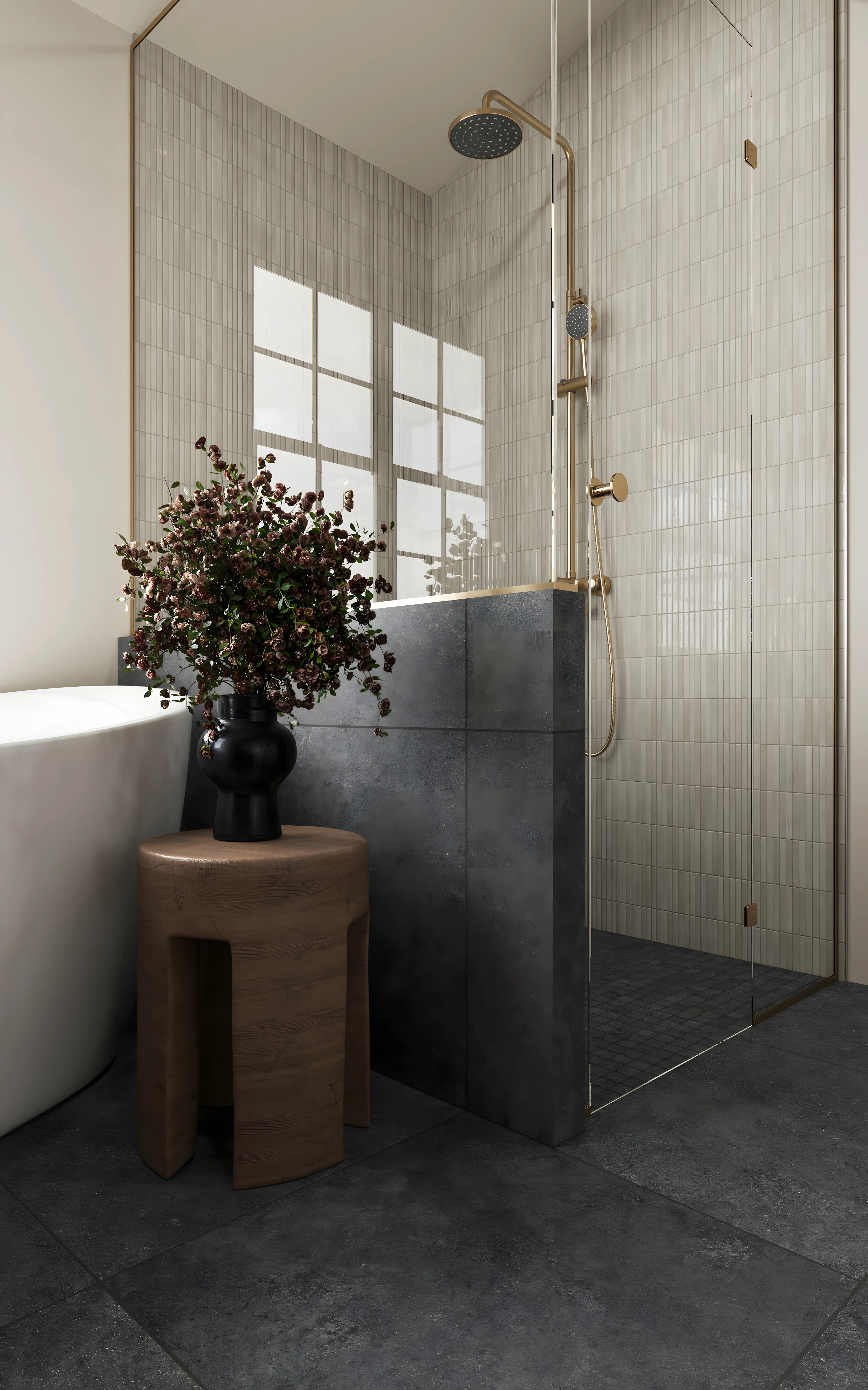 Pretty Bathroom Design with Adeline Midnight Porcelain Tile and Wood Vanity Provident Capella Whitefield | Material Depot