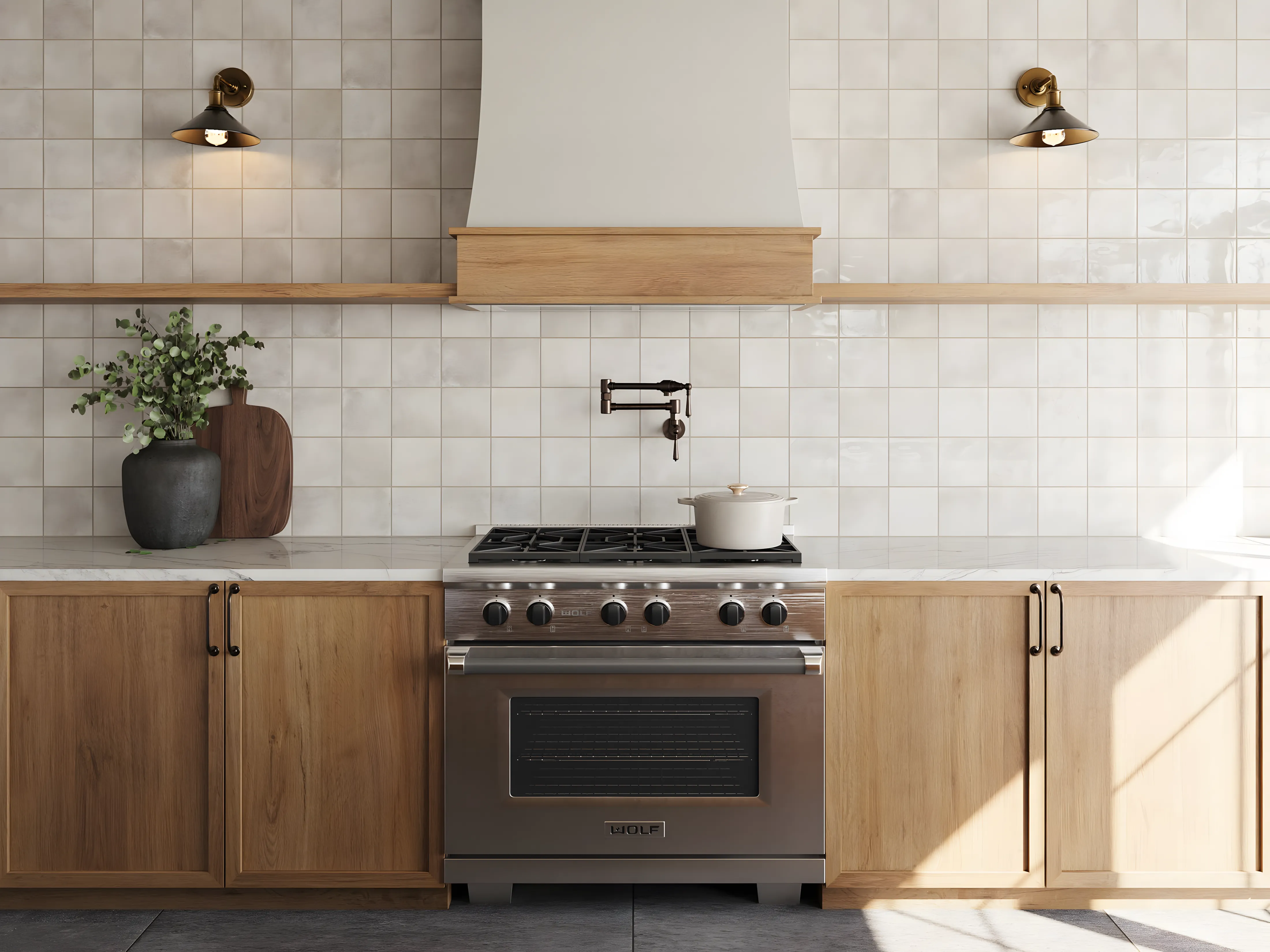 Rustic Modern Kitchen Design with Square tile Range & ZLINE Hood Mana Dale Sarjapur Road | Material Depot