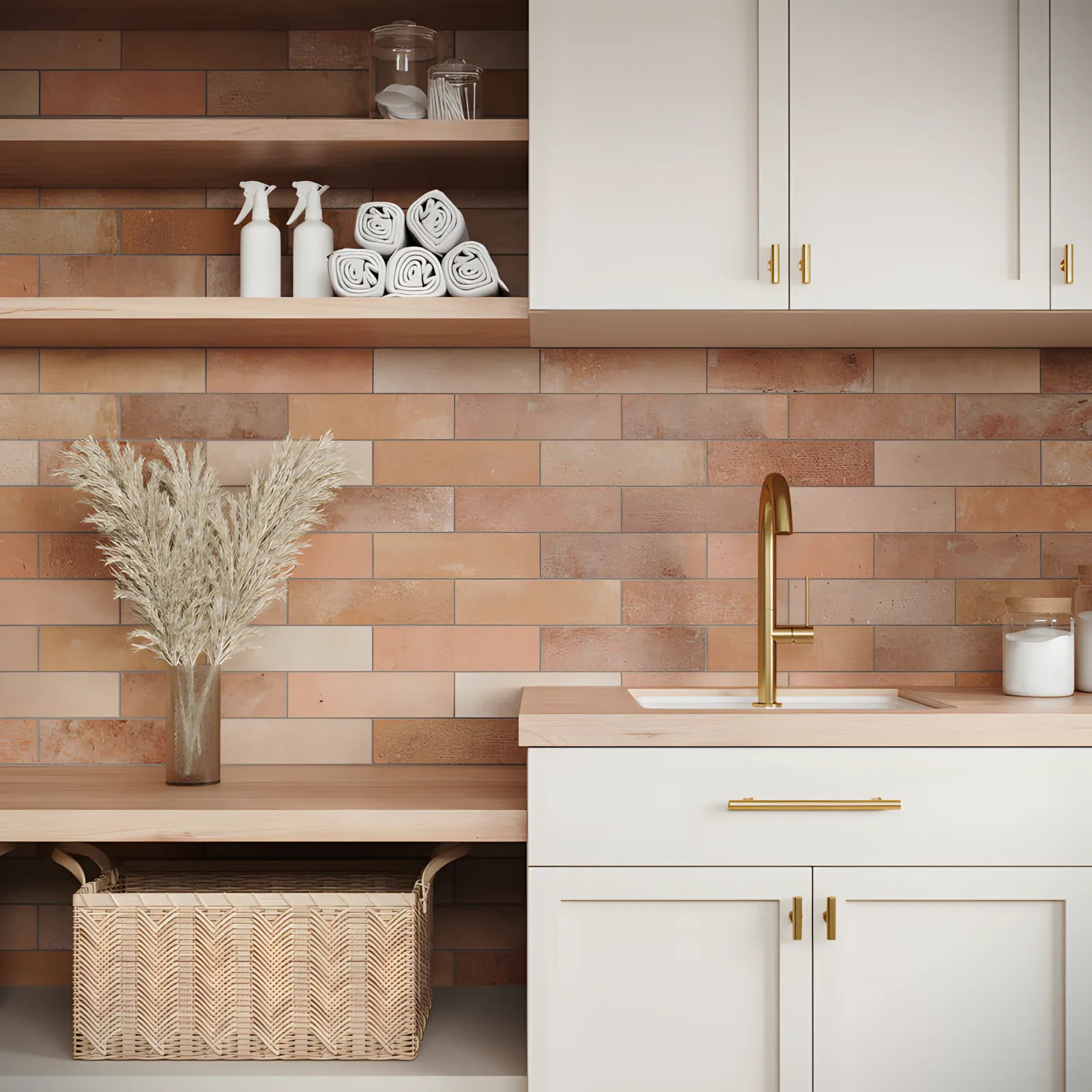 Rustic Modern Laundry Room with Brick Tile Backsplash Purva Tivoli Hills Devanahalli | Material Depot
