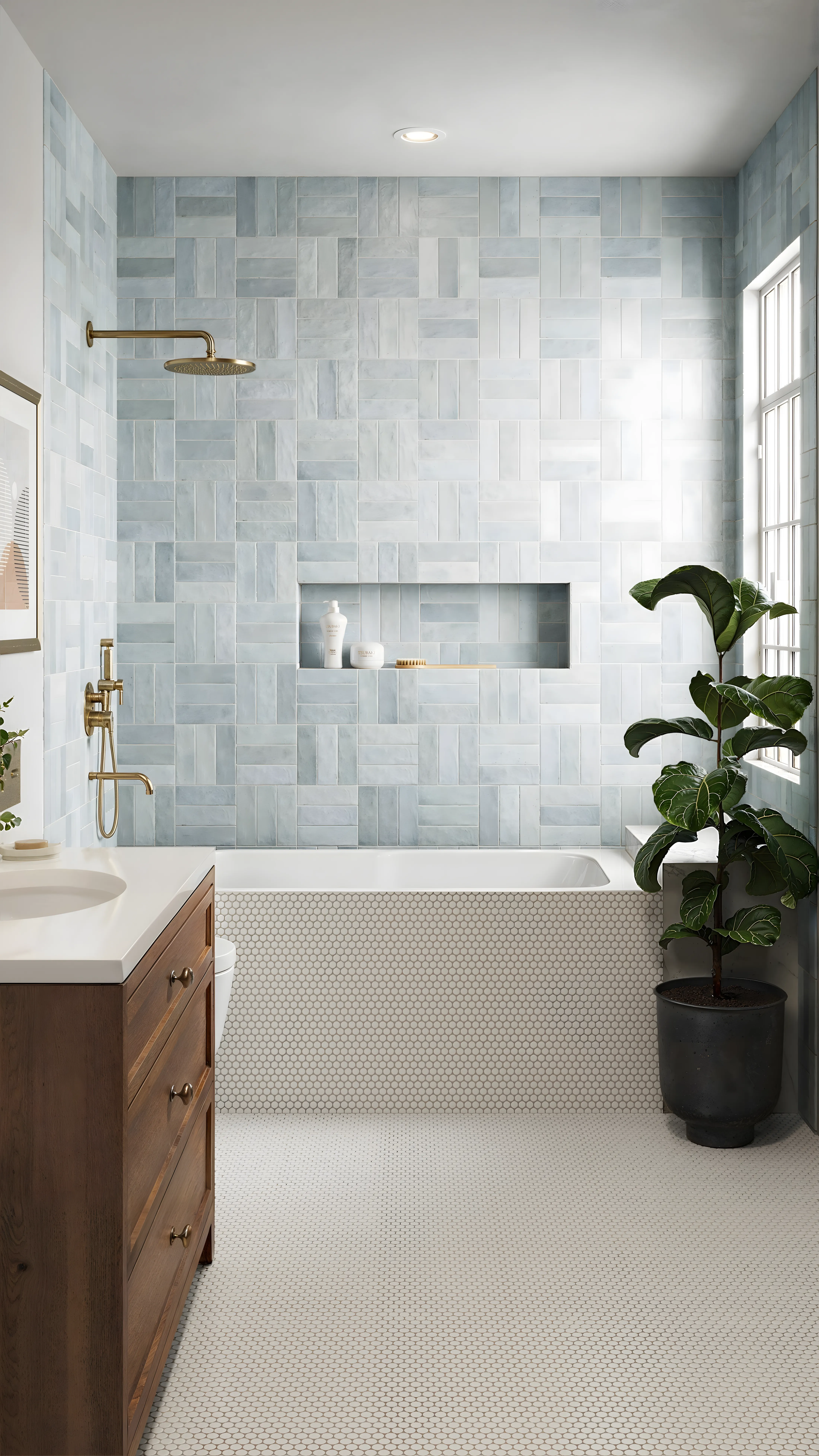 Serene Bathroom Design Retreat with Freestanding Tub and Blue subway Backsplash Total Environment In That Quiet Earth Hennur Road | Material Depot