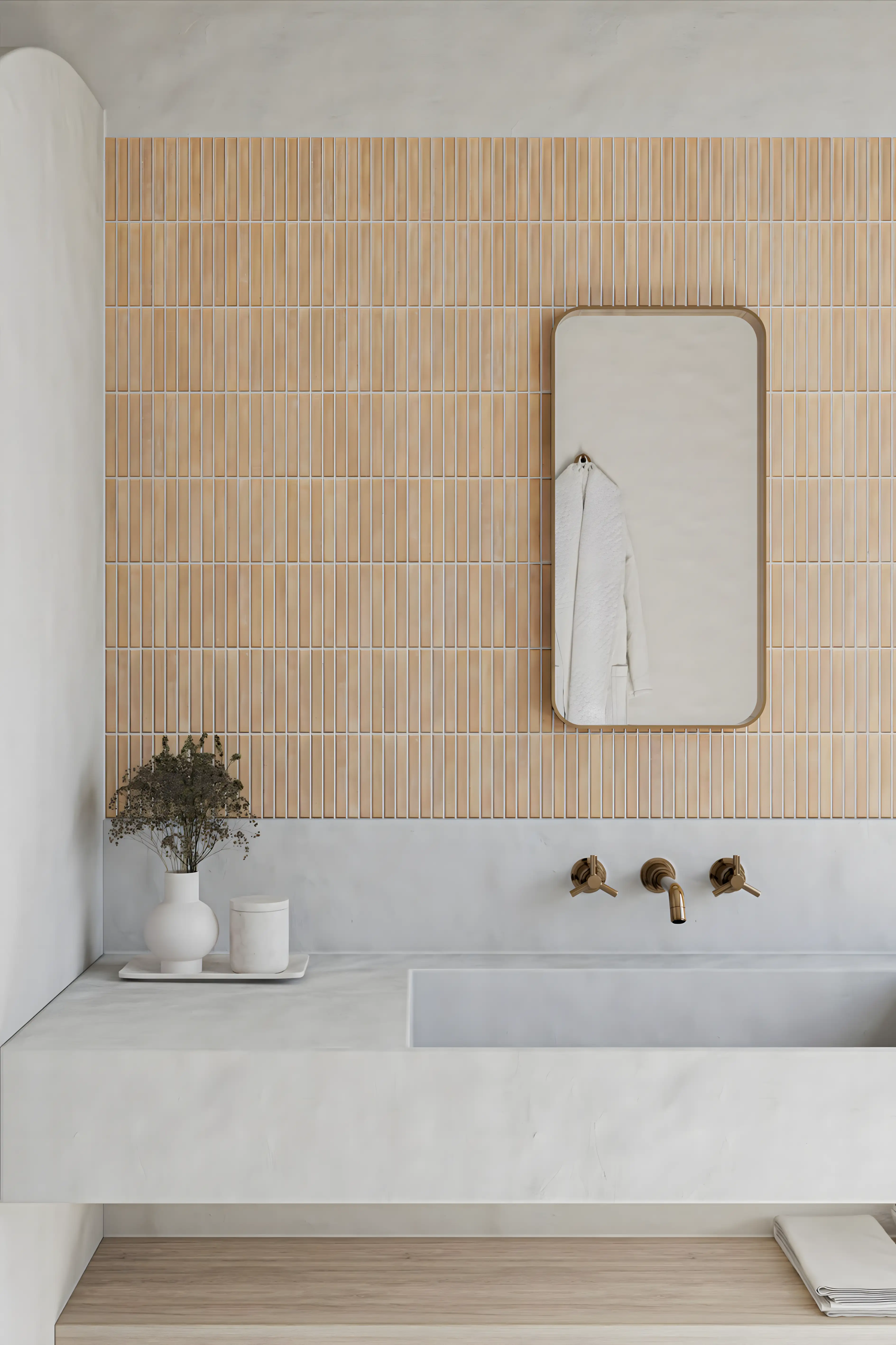 Serene Bathroom with Warm Terracotta Subway Tiles | Material Depot