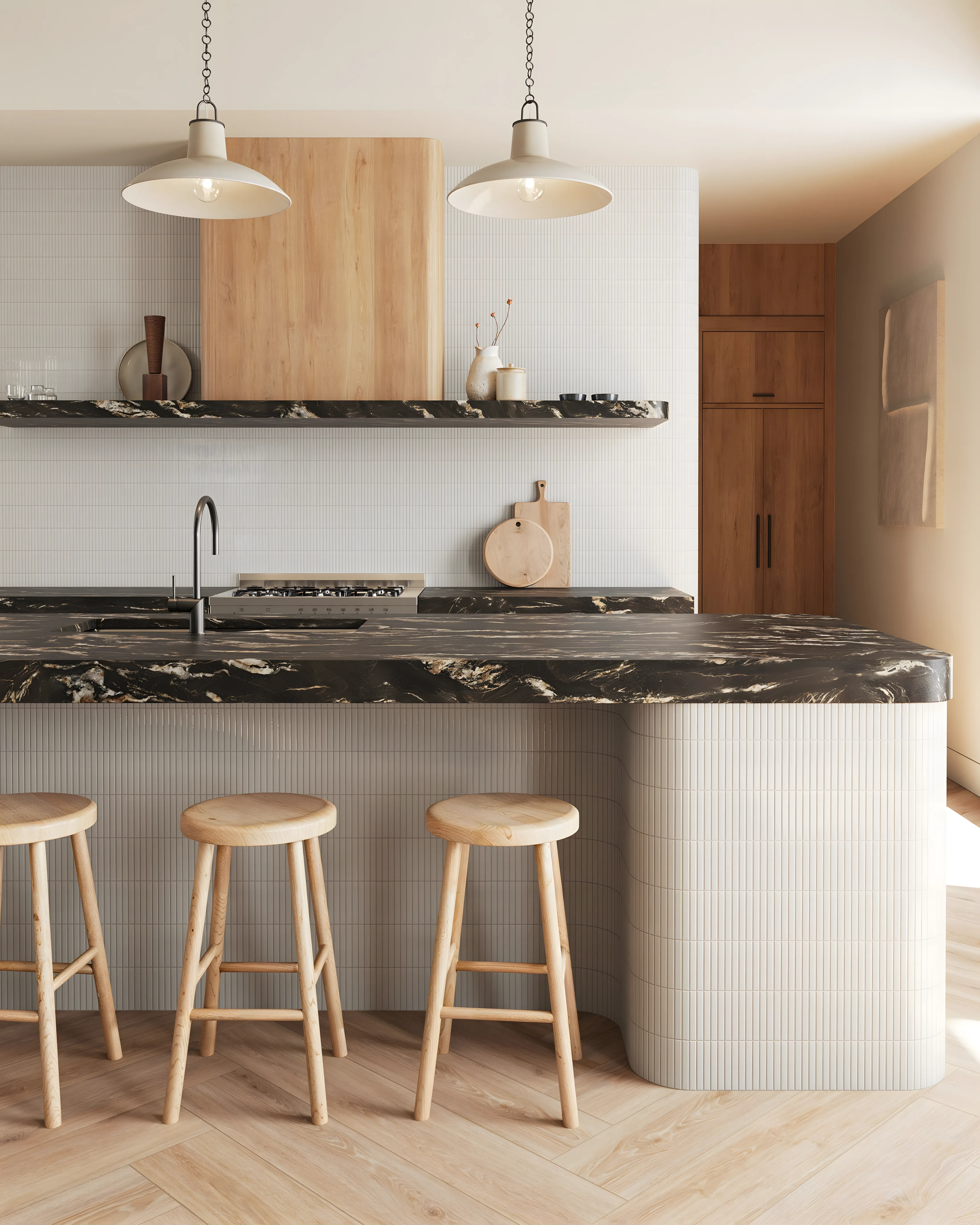 Serene Modern Kitchen Design with Kitkat Tile and Black Decorative Quartz Purva Tivoli Hills Devanahalli | Material Depot