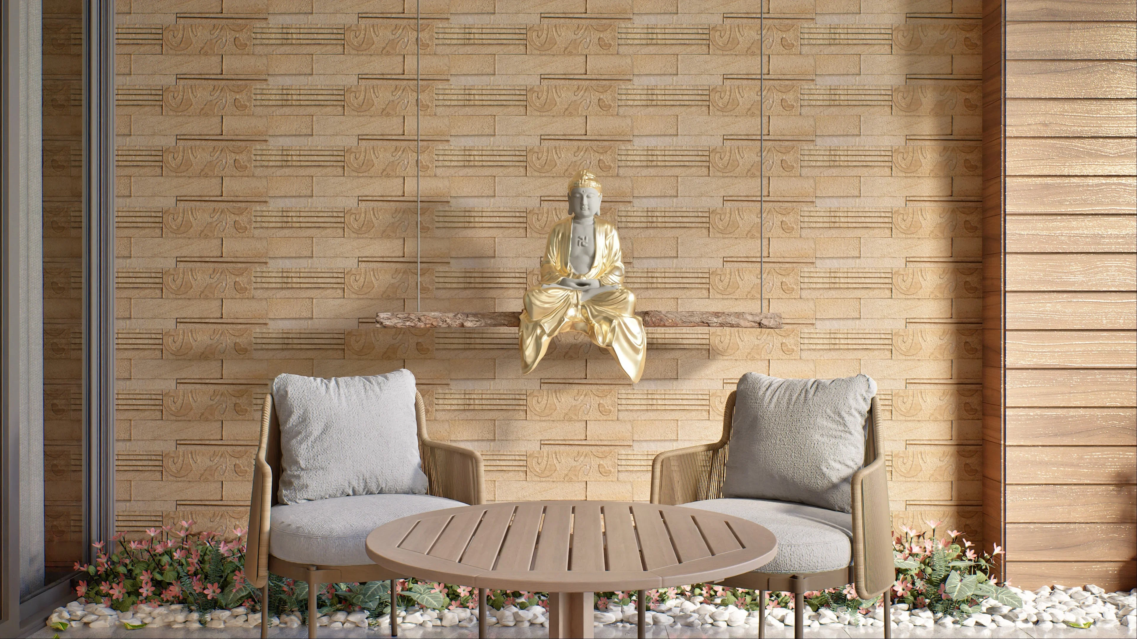 Serene Stone Wall Cladded Outdoor Meditation Space with Golden Buddha | Material Depot