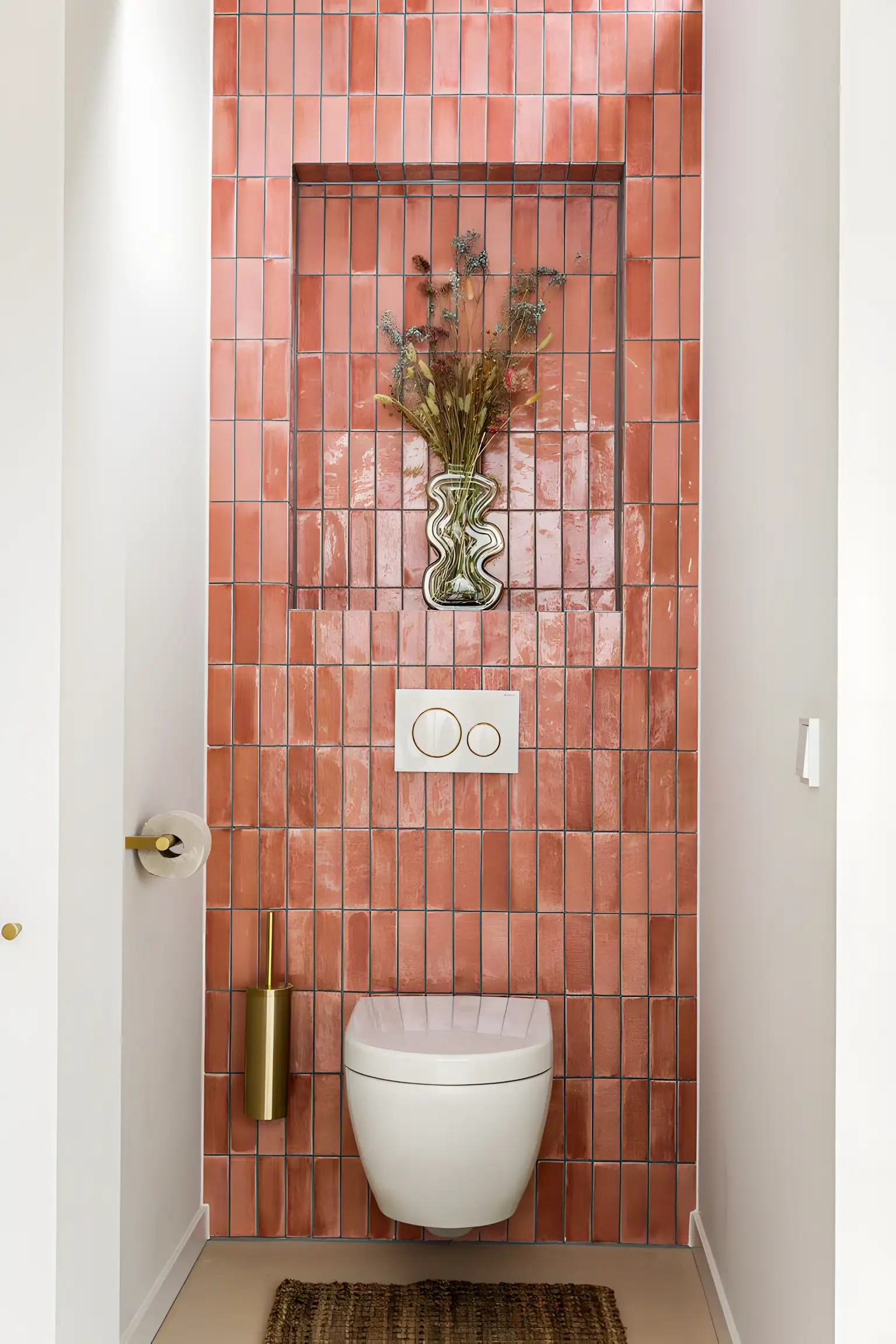 Sleek Bathroom With Orange Subway Backsplash | Material Depot