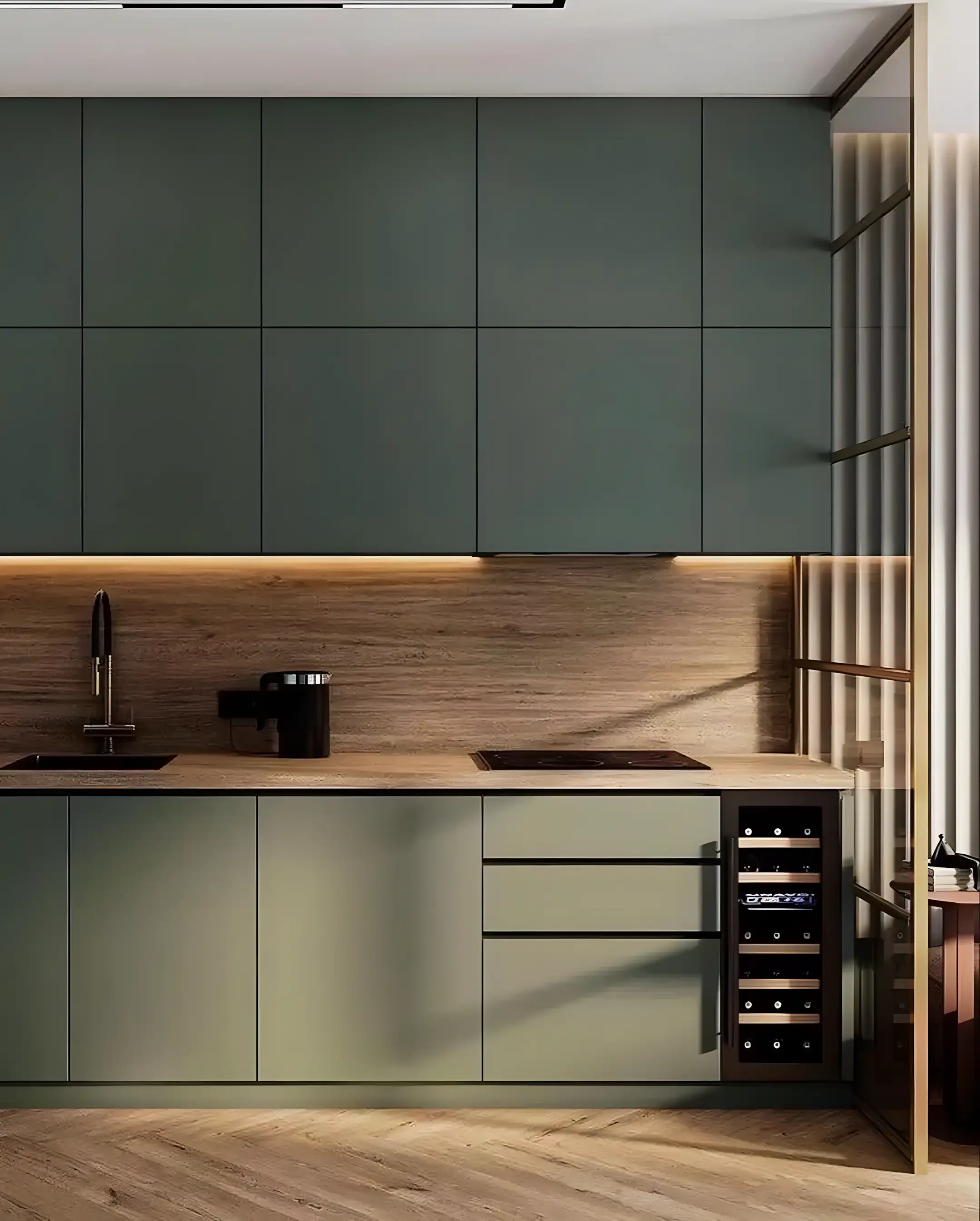 Sleek Contemporary Kitchen with Olive Green Cabinets and Wooden Accents | Material Depot