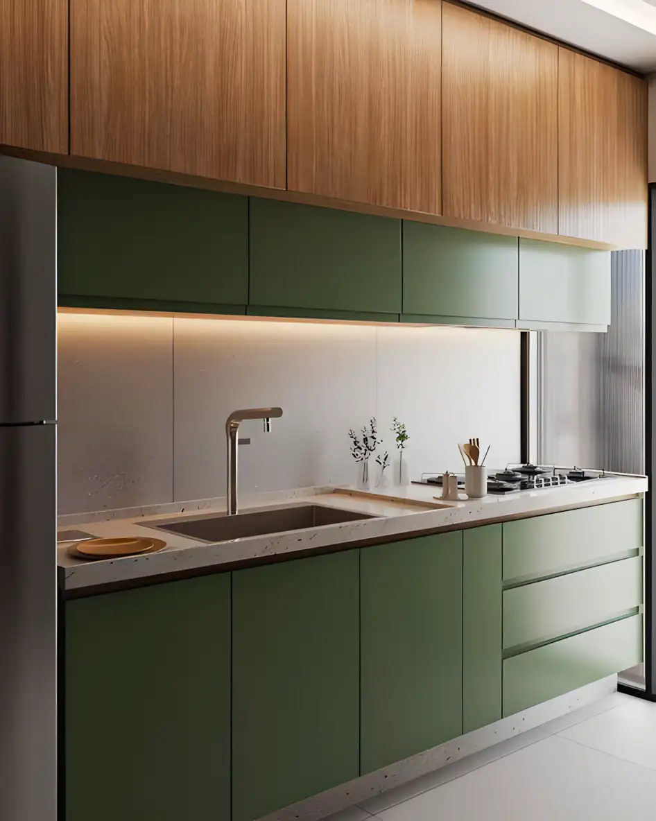 Sleek Modern Kitchen with Earthy Green and Wood Accents | Material Depot