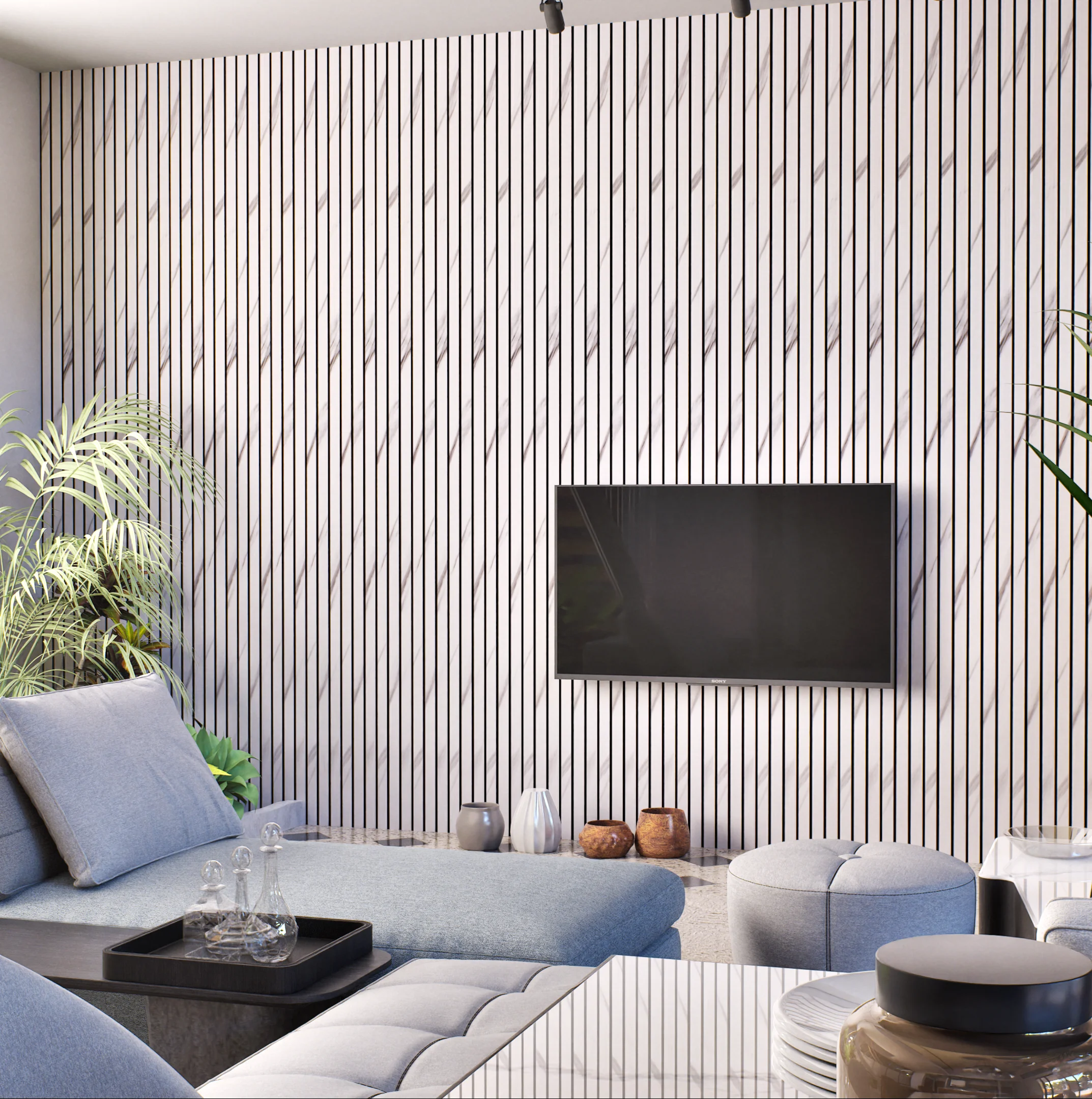 Slender White Louver Wall with a Modern TV | Material Depot