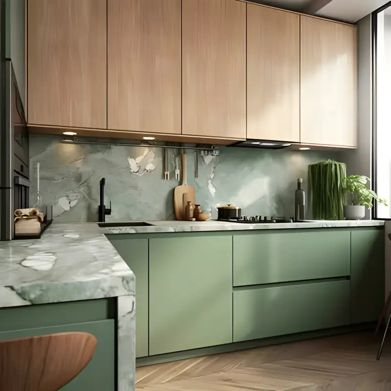 Soft Green and Marble Finish Kitchen Design | Material Depot