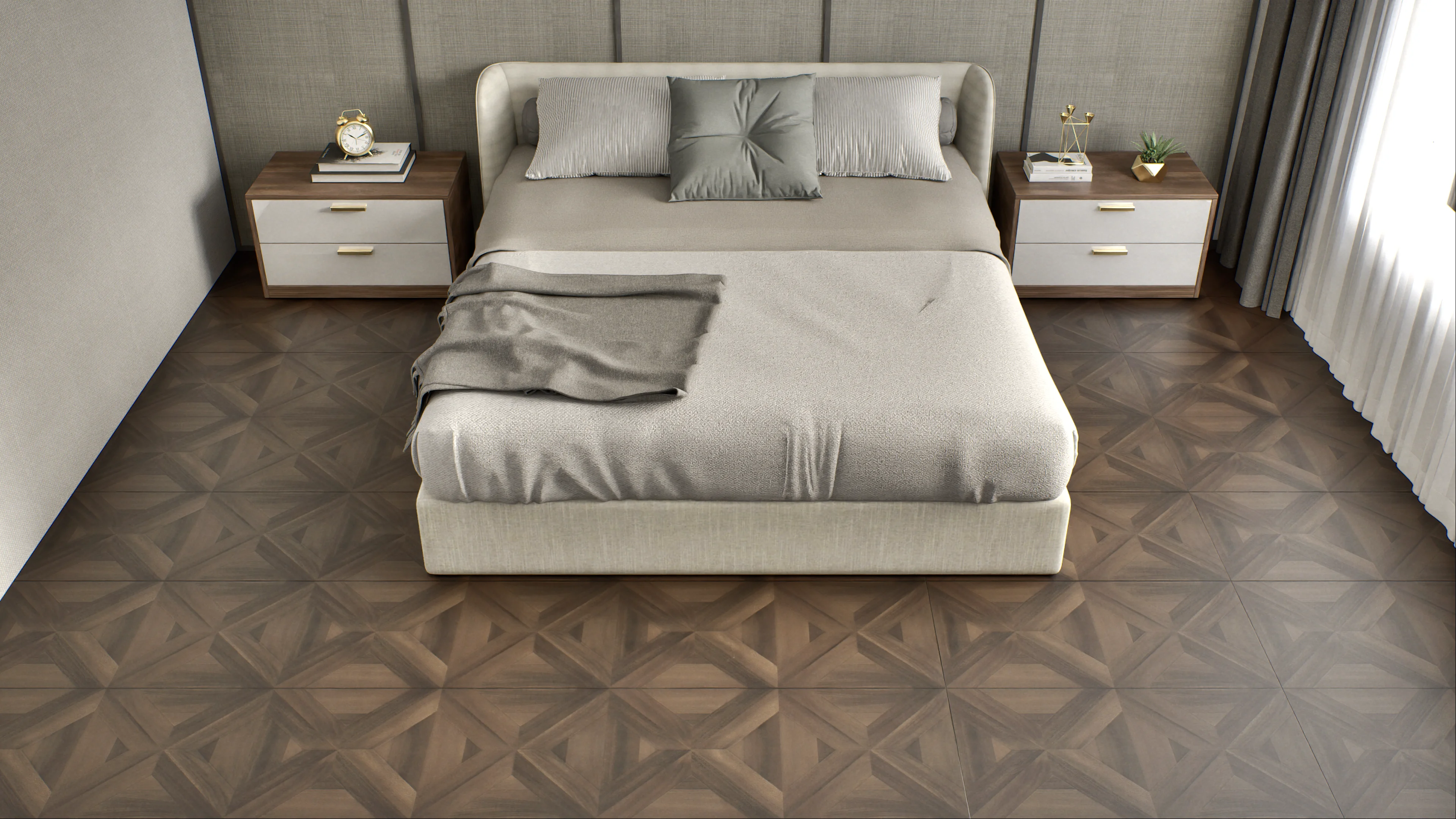 Sophisticated Bedroom with Dark Parquet Flooring | Material Depot