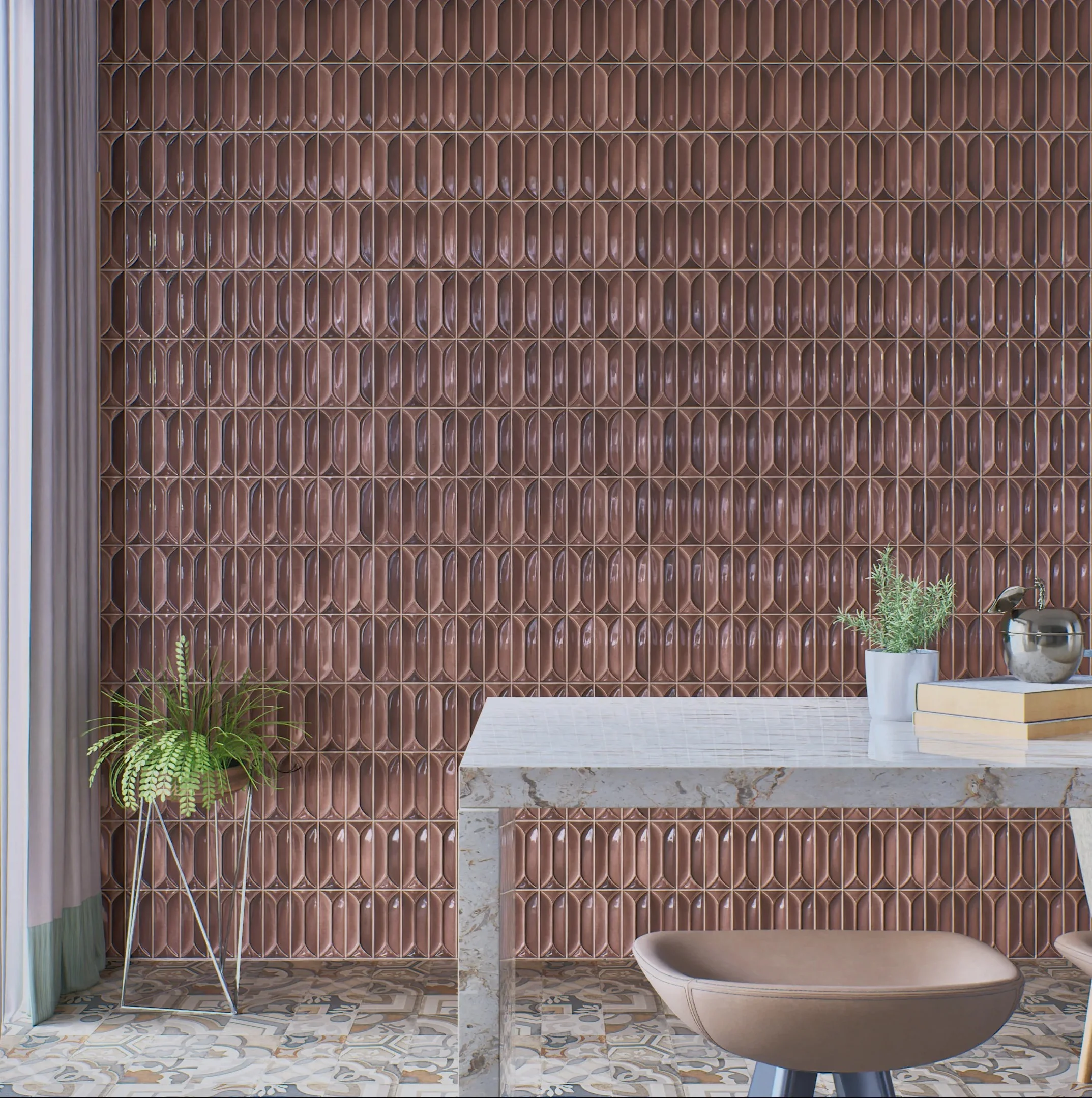 Sophisticated Dining Area with Brown Geometric Tile Wall | Material Depot