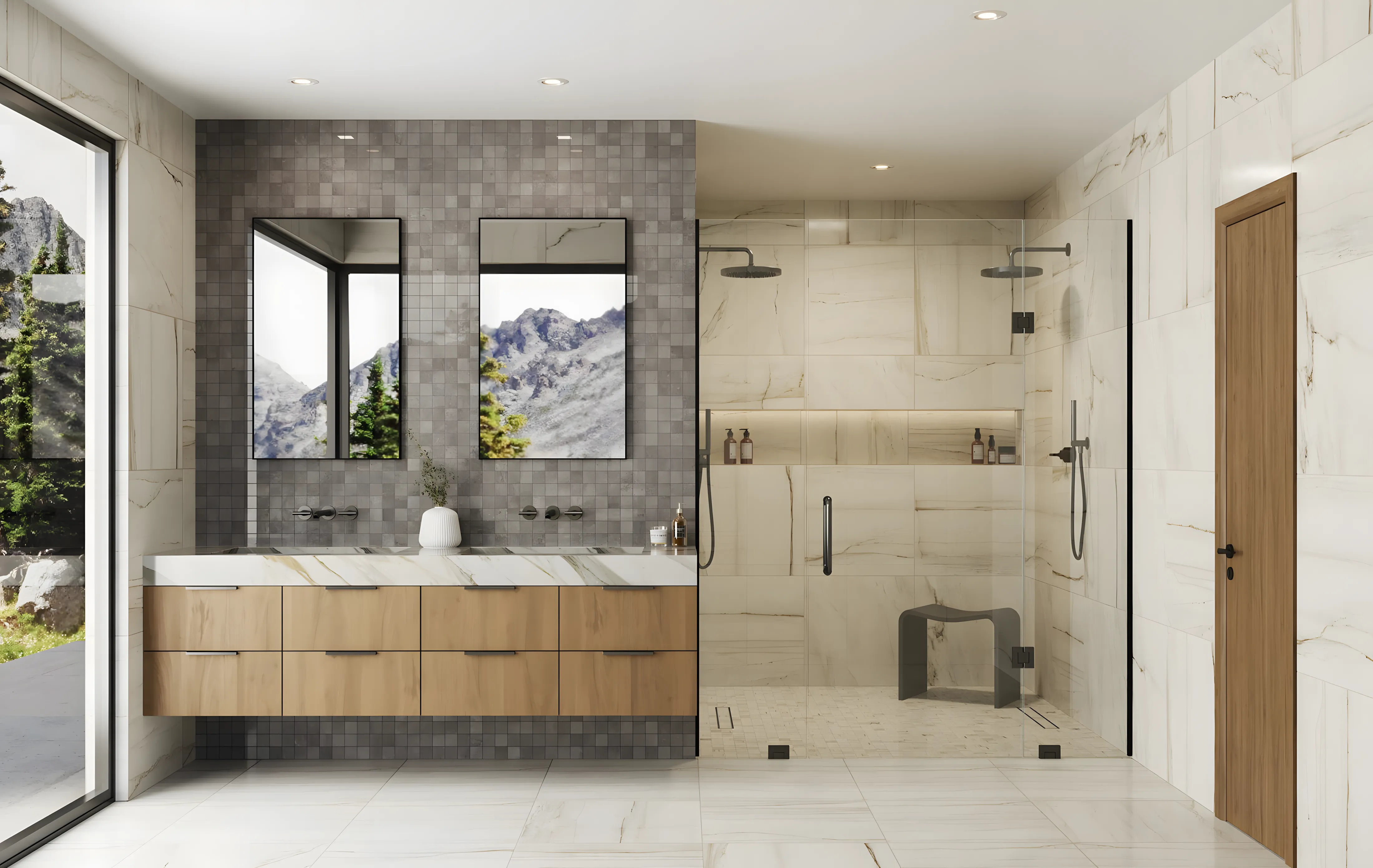 Spacious Bathroom Design with Square tile Backsplash and Wooden Cabinets Vaishnavi Oasis JP Nagar | Material Depot