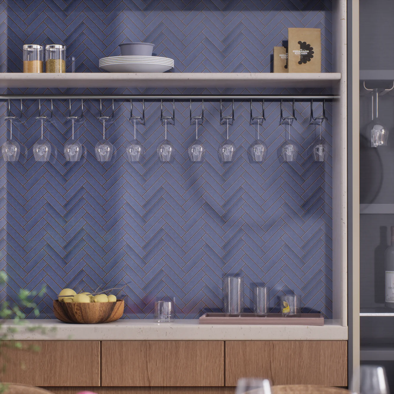 Stylish Bar Area with Purple Herringbone Tile | Material Depot