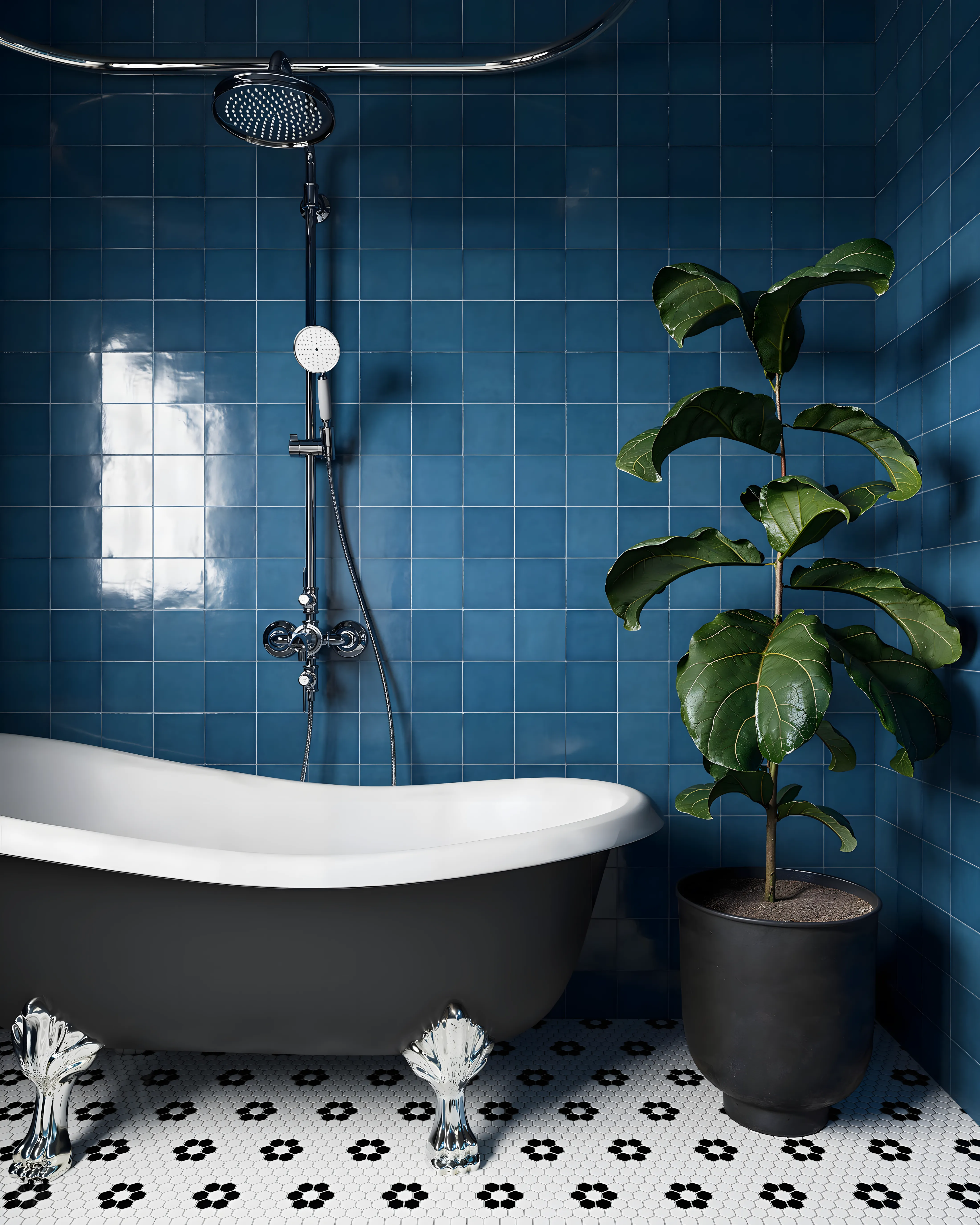 Stylish Bathroom Design Design Featuring Blue Walls and Patterned Floor Prestige Glenbrook Whitefield | Material Depot