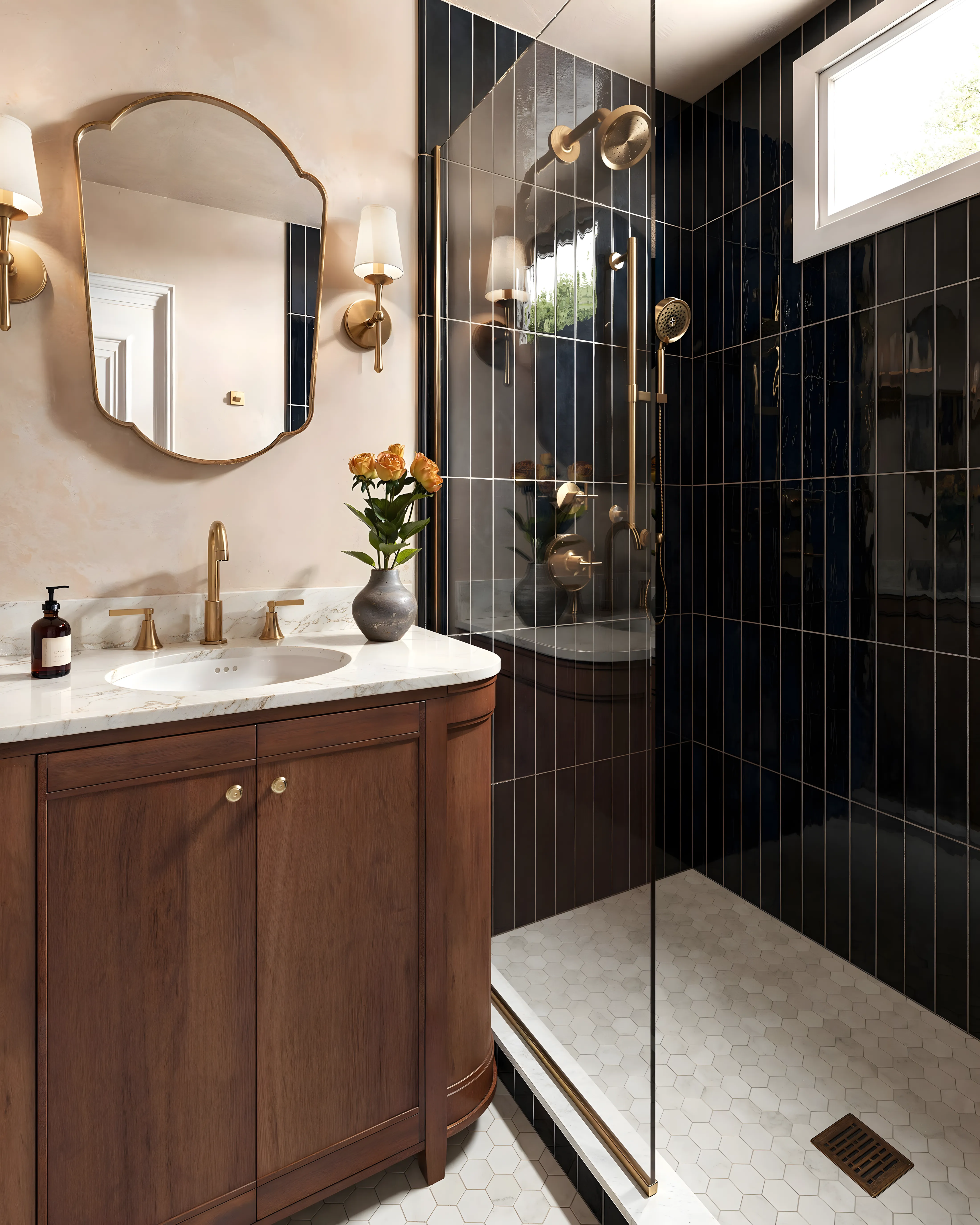 Stylish Bathroom Design Design Featuring Brass Fixtures and Hexagonal Floor Salarpuria Sattva Anugraha Vijayanagar | Material Depot