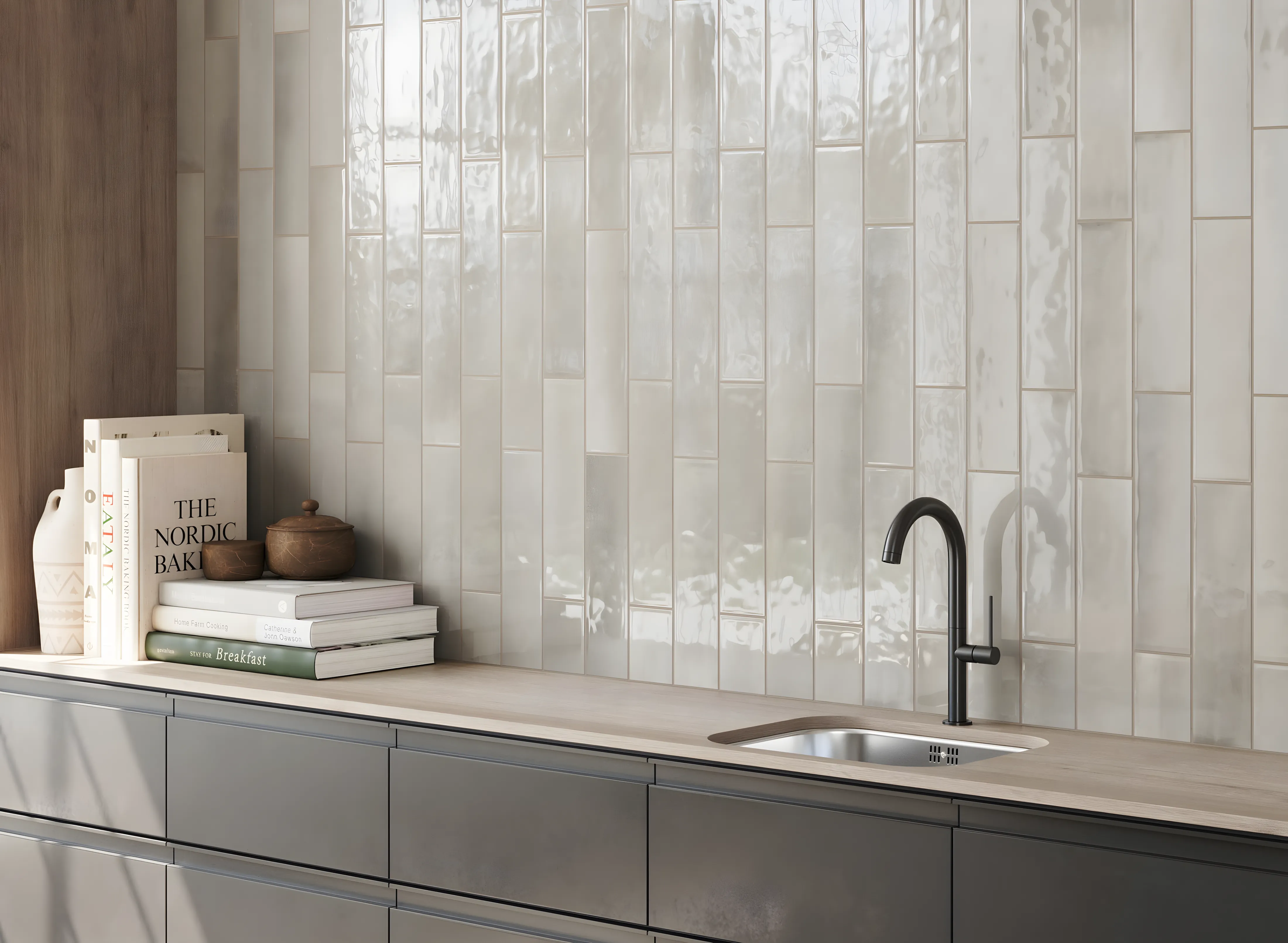 Stylish Bathroom Design Design Featuring Grey Walls and Vertical Glossy Tiles Assetz Earth & Essence Hosahalli | Material Depot