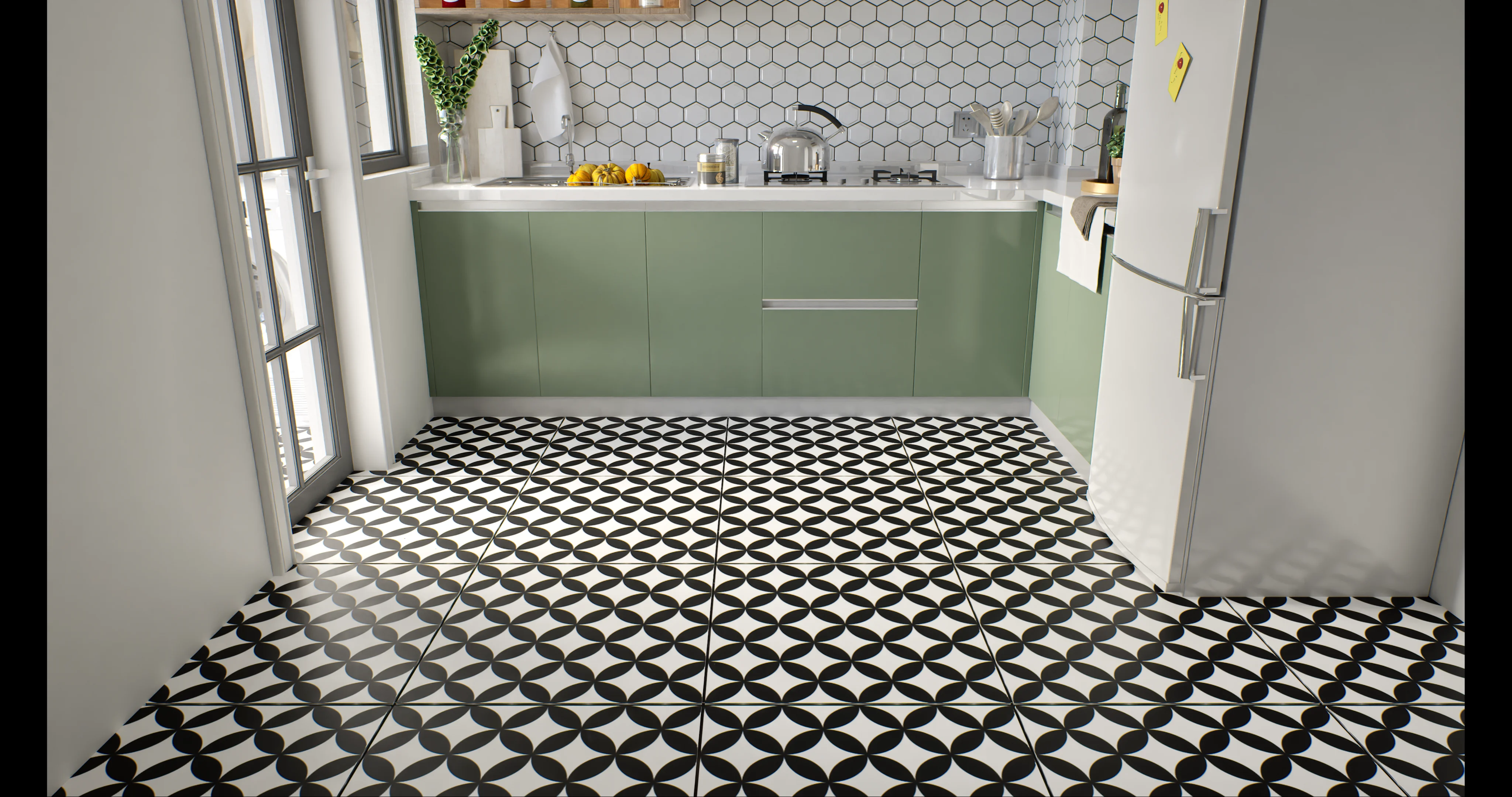 Stylish Bathroom with Geometric Tile Flooring | Material Depot