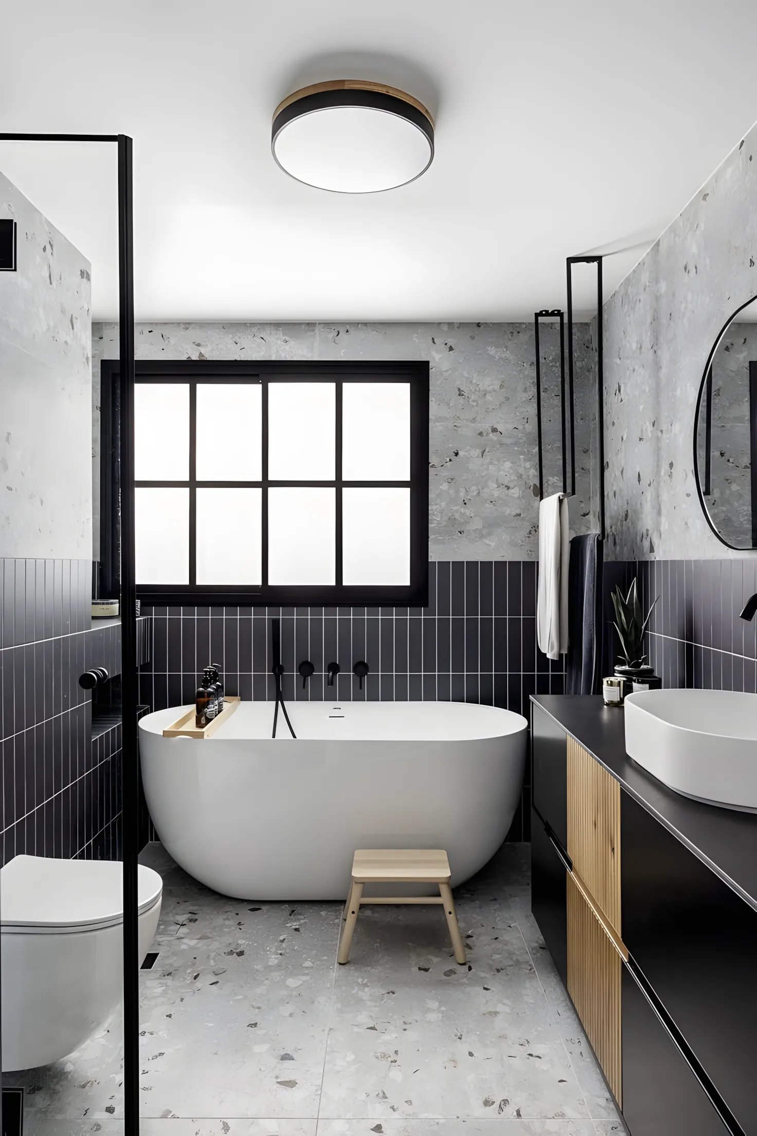 Stylish Bathroom Design with Terrazzo Tile and Black Accents Shriram Chirping Grove Sarjapur Road | Material Depot