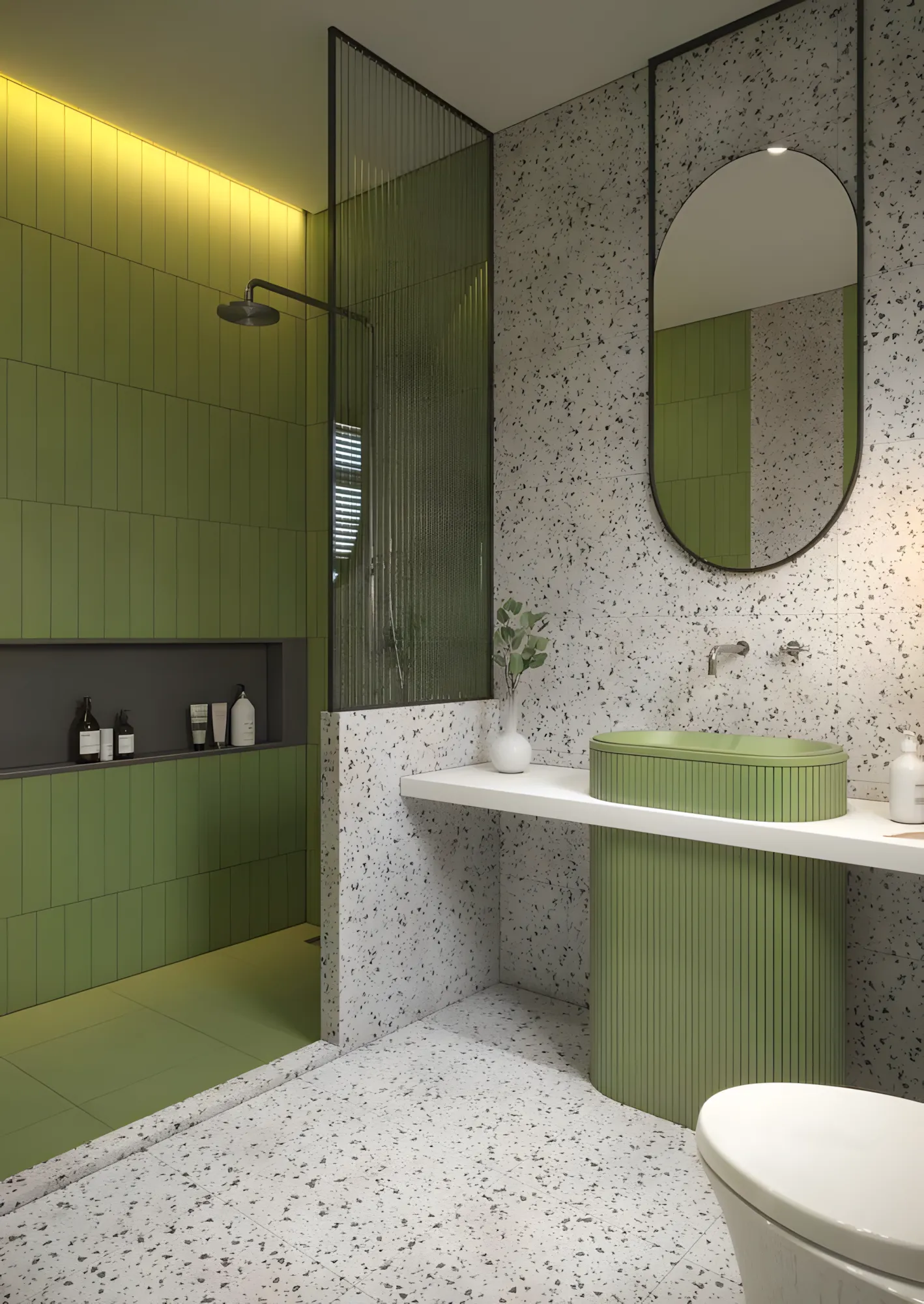Stylish Green Bathroom Design with Terrazzo Accents Godrej Nurture Electronic City | Material Depot