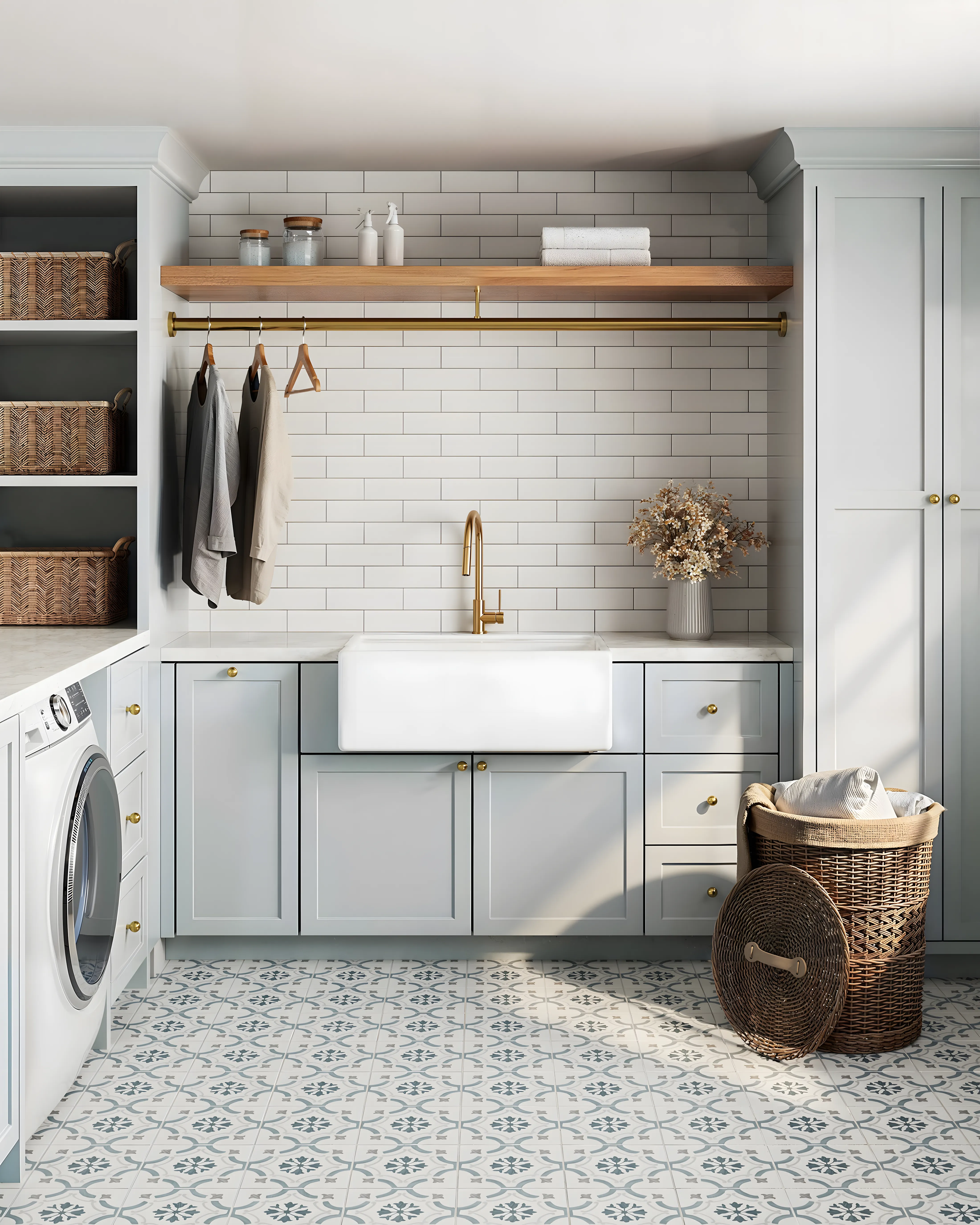Stylish Kitchen Design Nook Featuring White Tile and Blue Shelf SNN Raj Viviente Bannerghatta Road | Material Depot