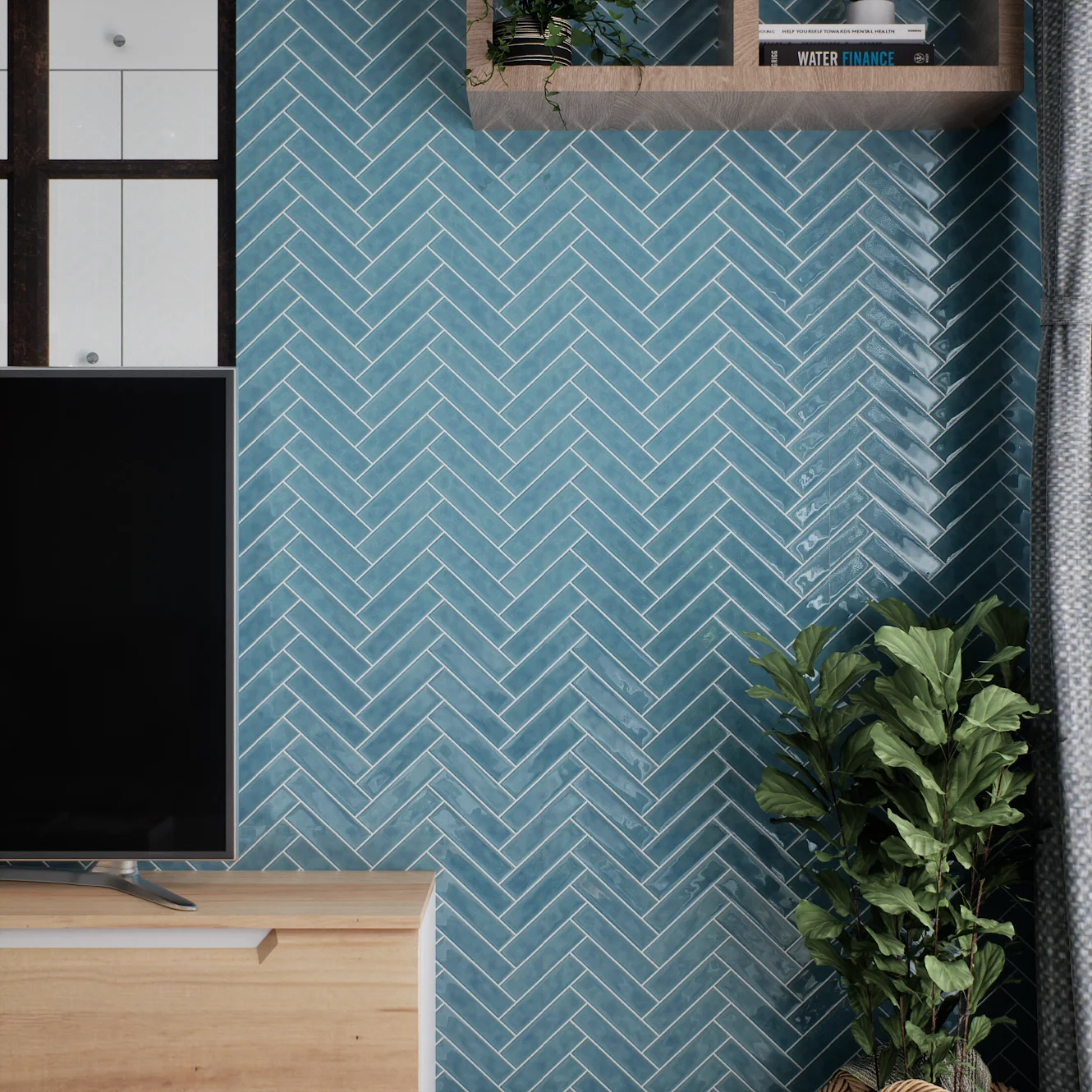 Stylish Living Room Corner with Blue Herringbone Tiles | Material Depot