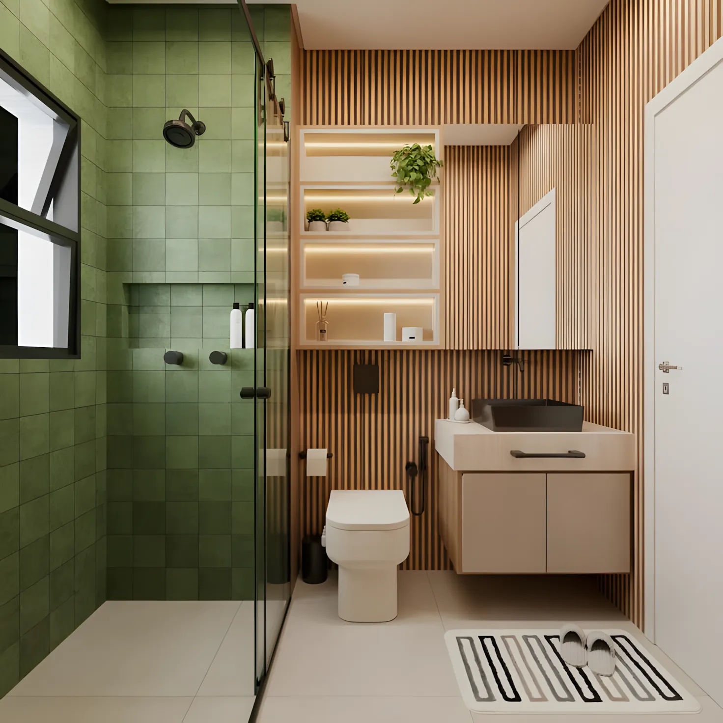 Textured Green Tile Shower with Wood Accent Wall Purva Blubelle Magadi Road | Material Depot