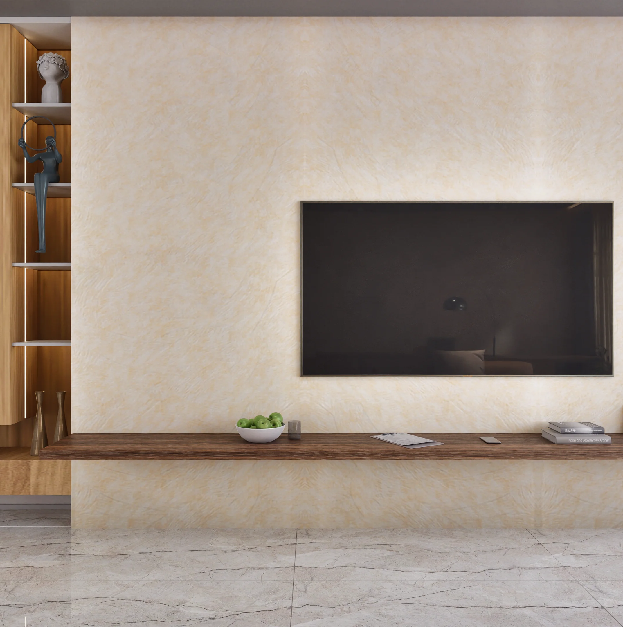 Textured Wall with Modern TV and Shelving | Material Depot