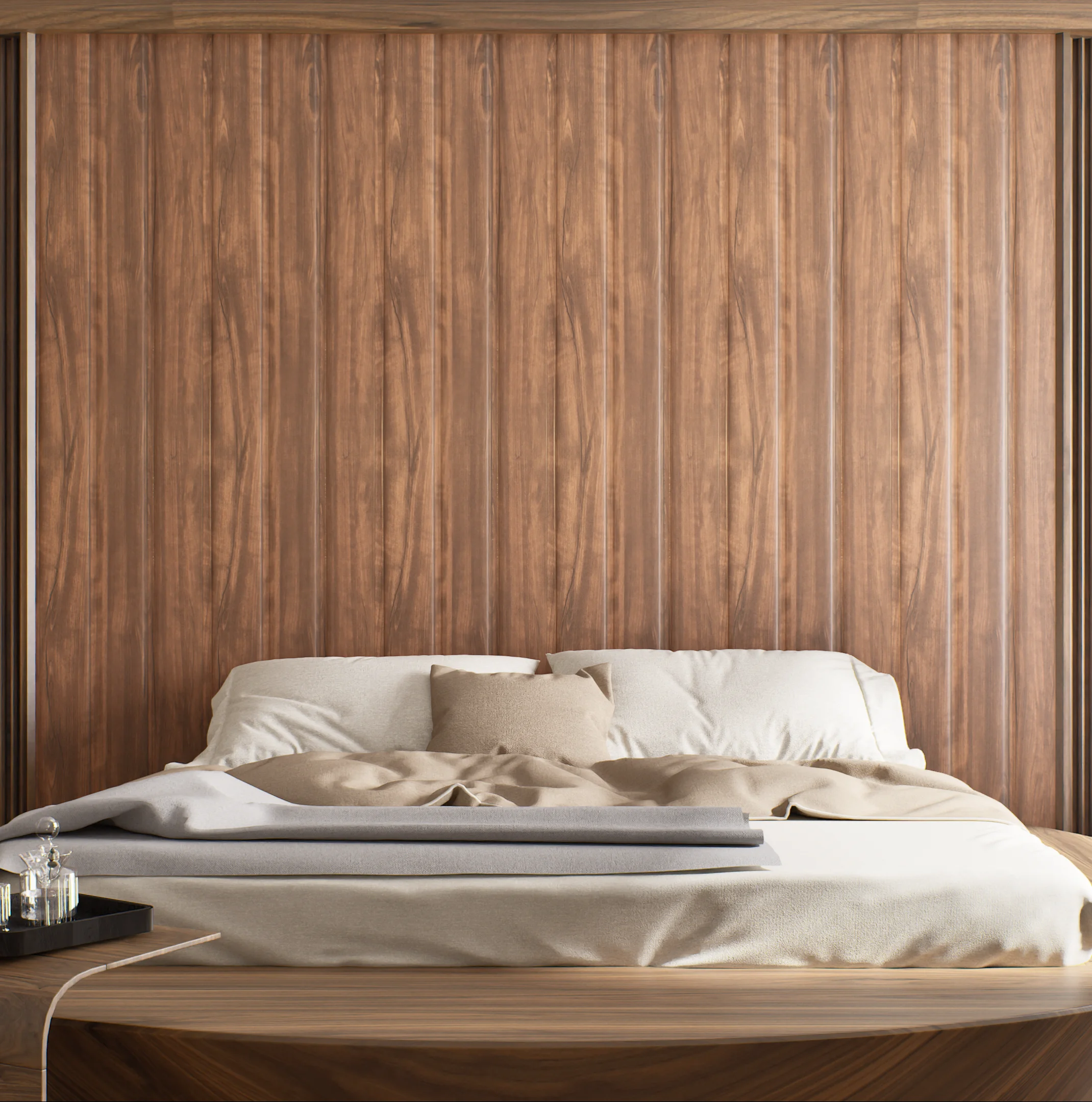 Vertical Wood Paneling Behind a Modern Bed | Material Depot