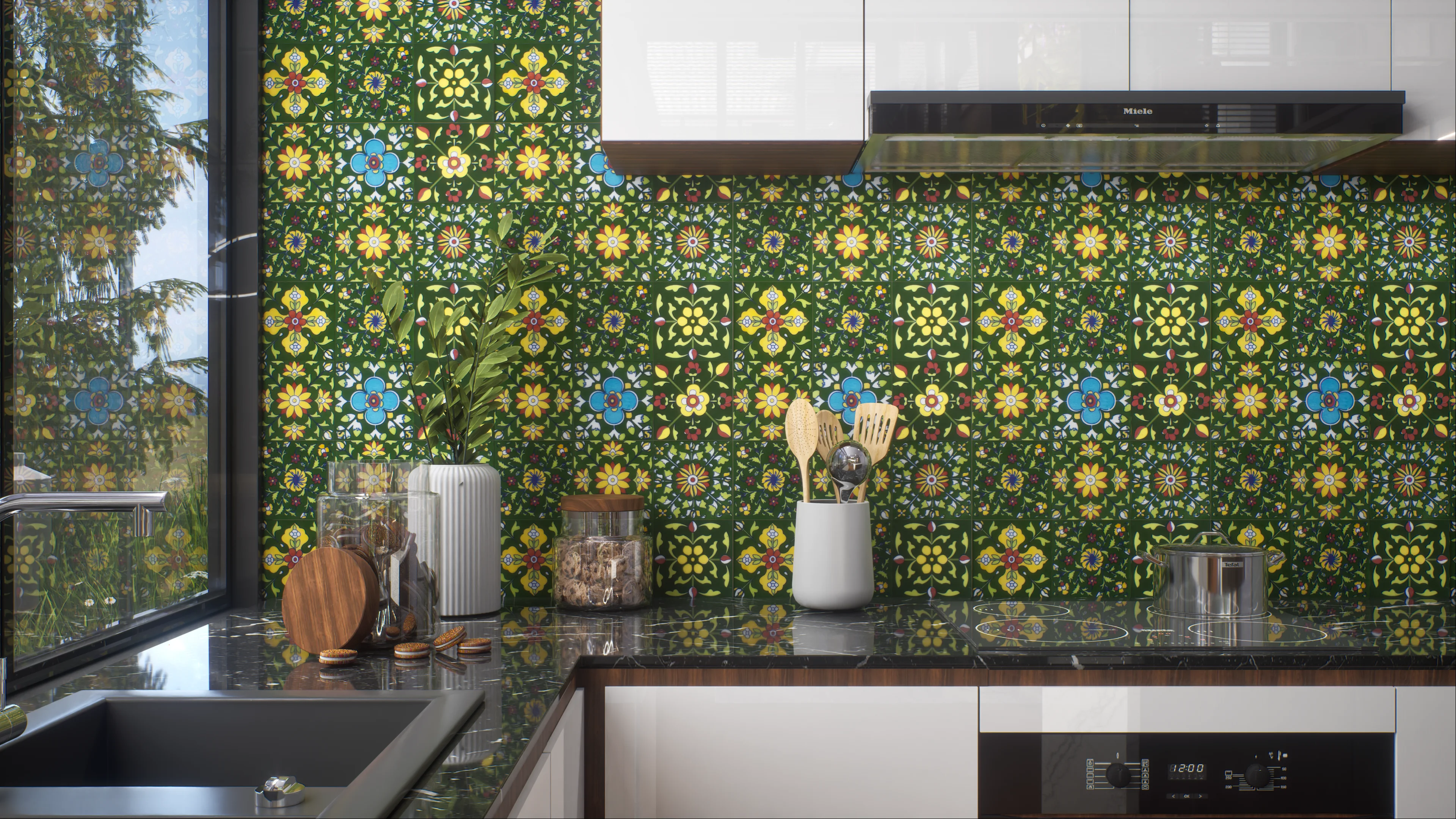 Vibrant Kitchen with Floral Patterned Tiles | Material Depot