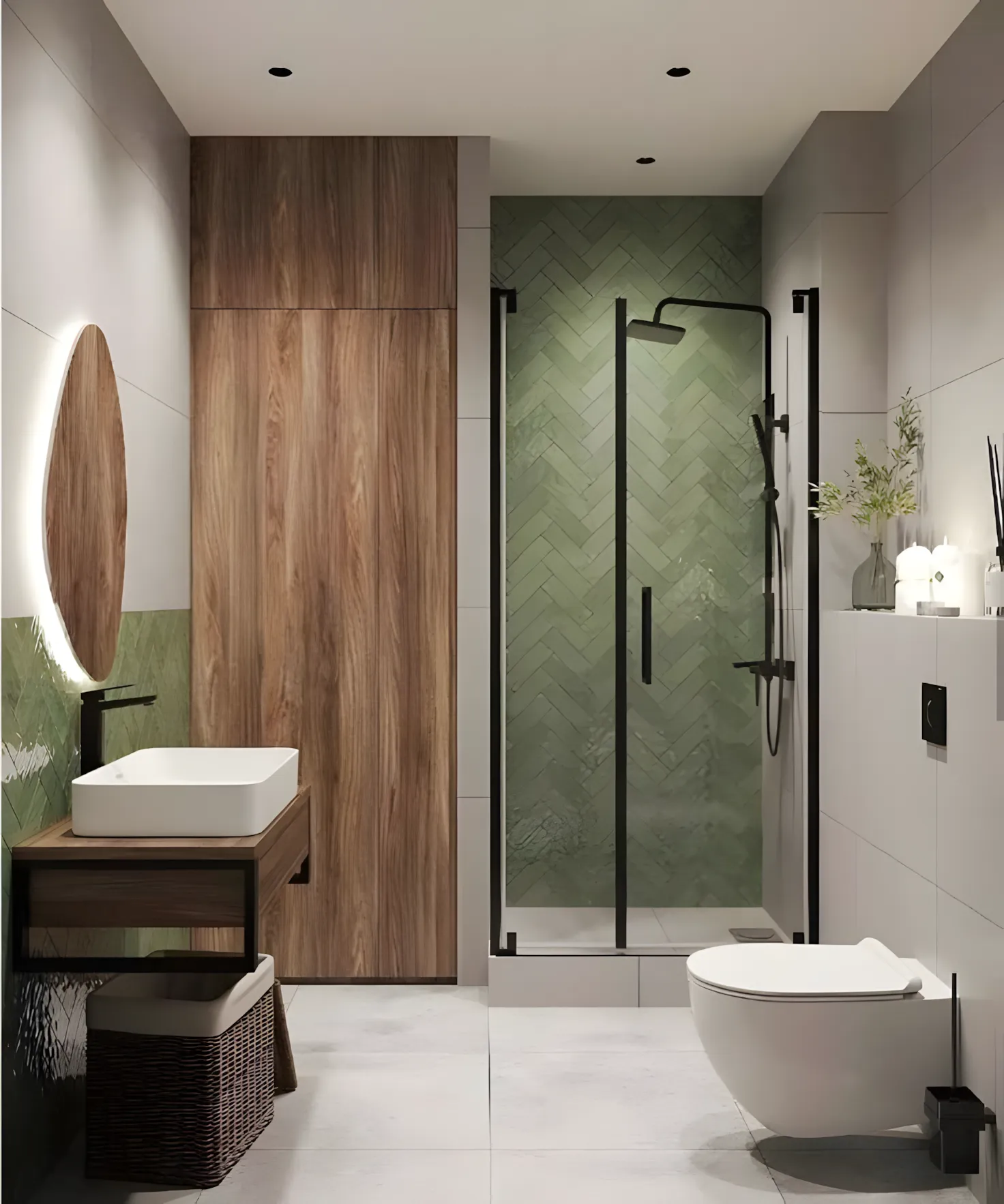 Walnut Vanity and Green Herringbone Tile Bathroom Design Sobha Sentosa Panathur Road | Material Depot