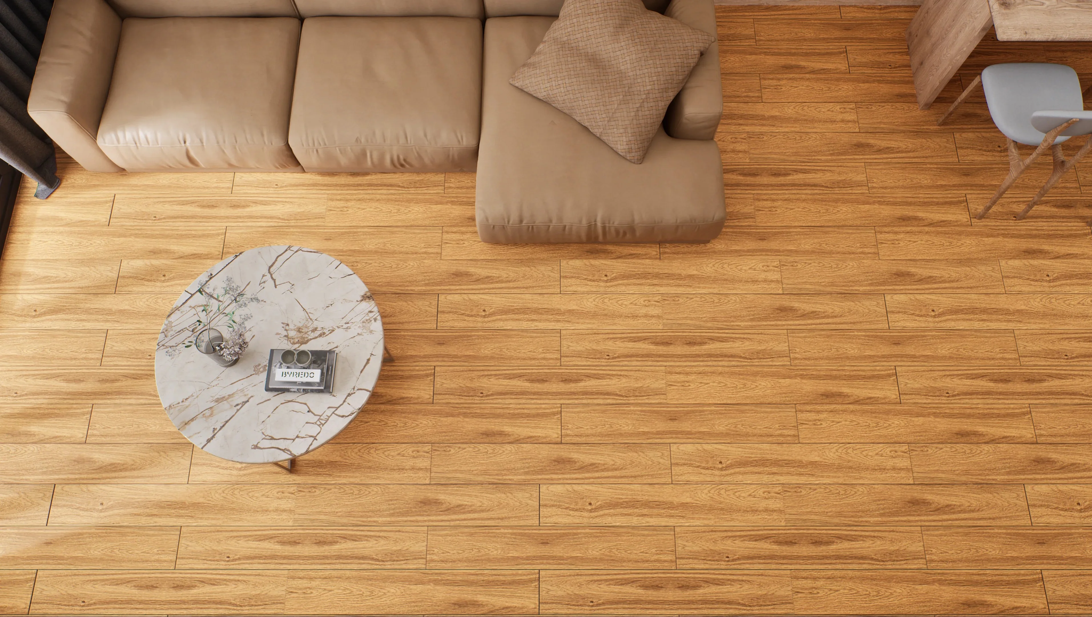 Warm and Inviting Living Room with Rich Wooden Flooring | Material Depot