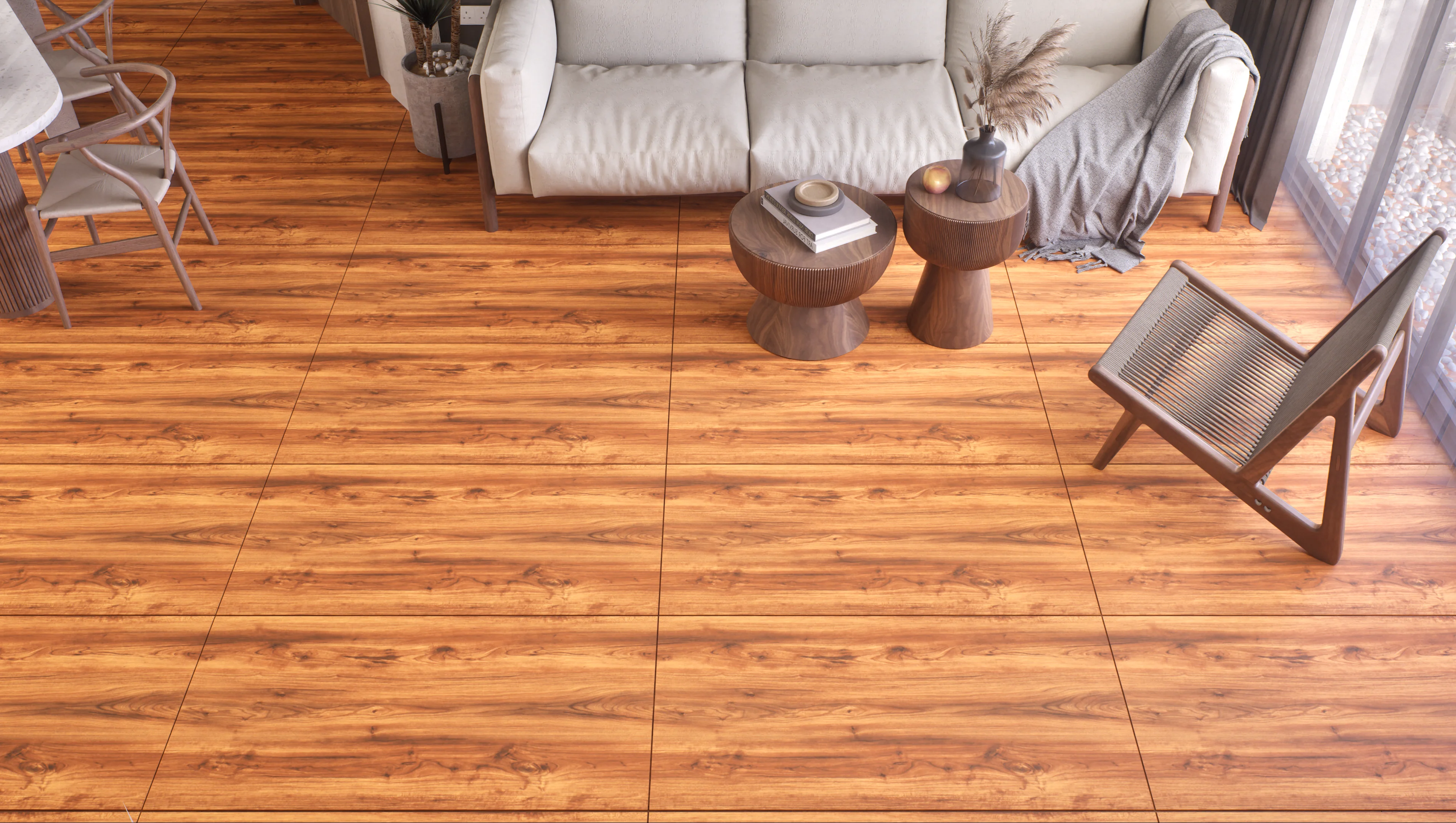 Warm Living Room with Golden Wood Flooring | Material Depot