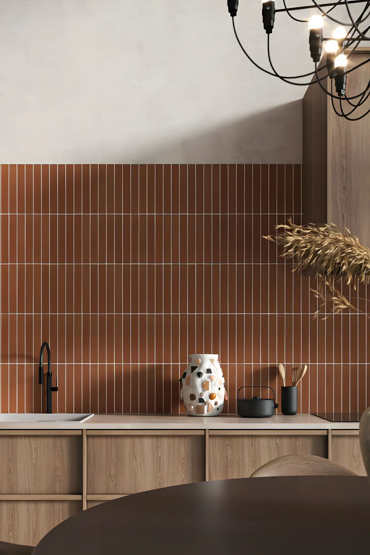 Warm Terracotta Vertical Tile Kitchen Backsplash with Minimalist Touches | Material Depot