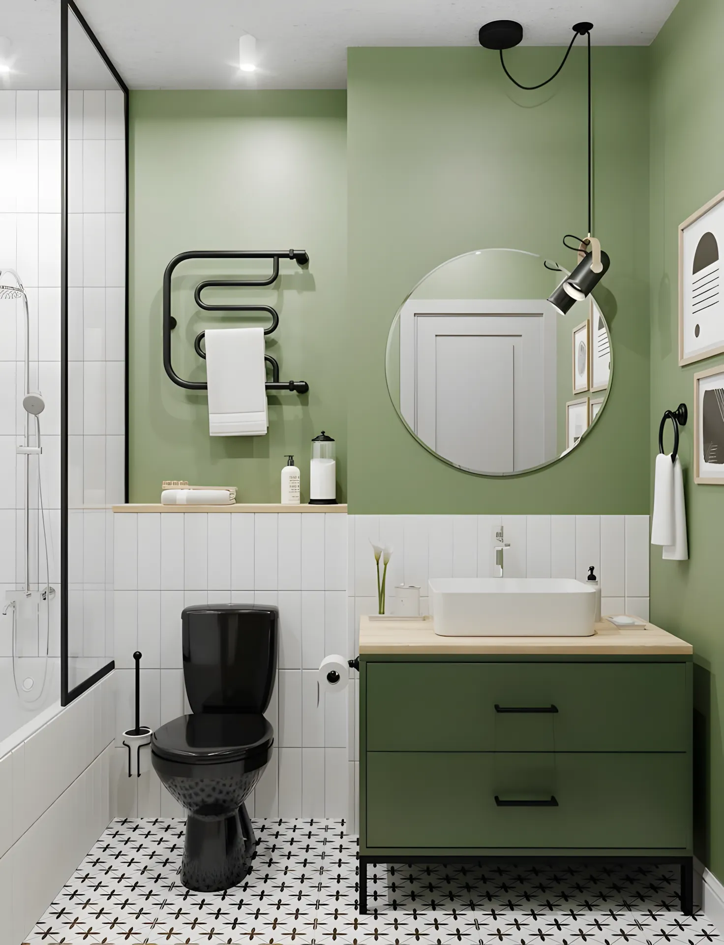 White subway Bathroom Design with Olive Green Walls Prestige Southern Star Begur Road
